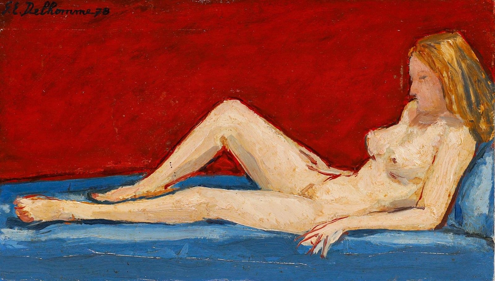 Georges Eugene Delhomme (1904 1989) 1978 Oil, Lady On Blue Bed photo furniture