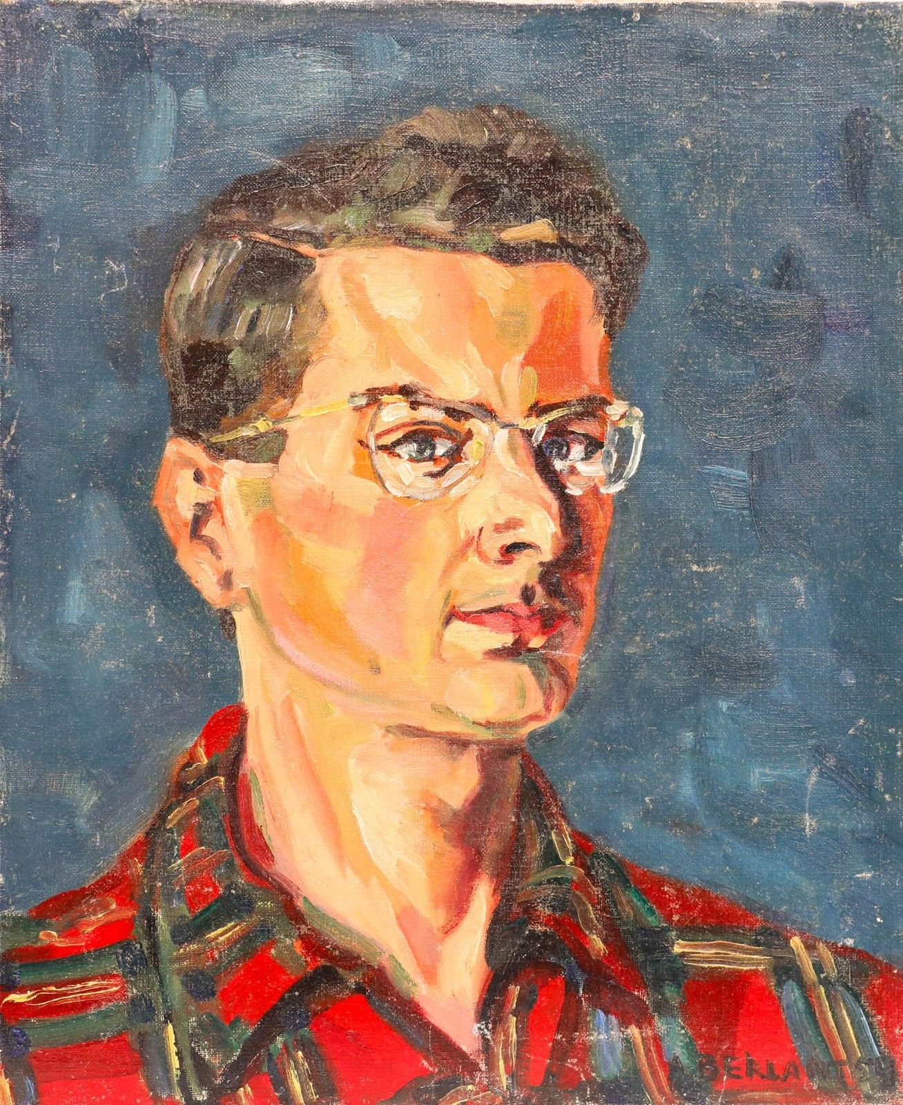Alexandre Berlant (1921 1994) 1954 Oil, Self Portrait In Plaid photo furniture
