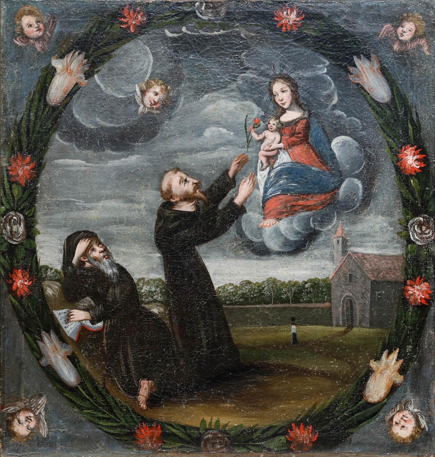 Naive 18th Century Oil Mary And Child Appear Before Monks photo furniture