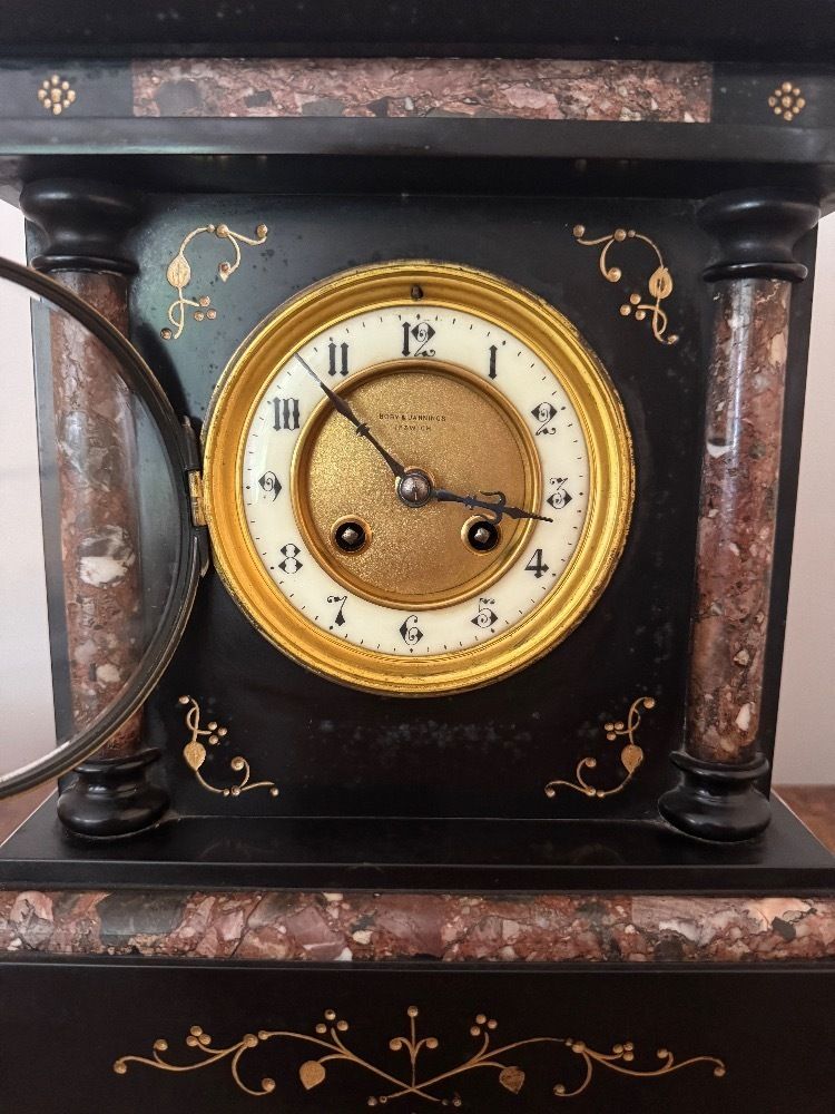 Attractive Antique Quality Marble Inlaid Mantle Clock By Baby And Jannings photo for sale