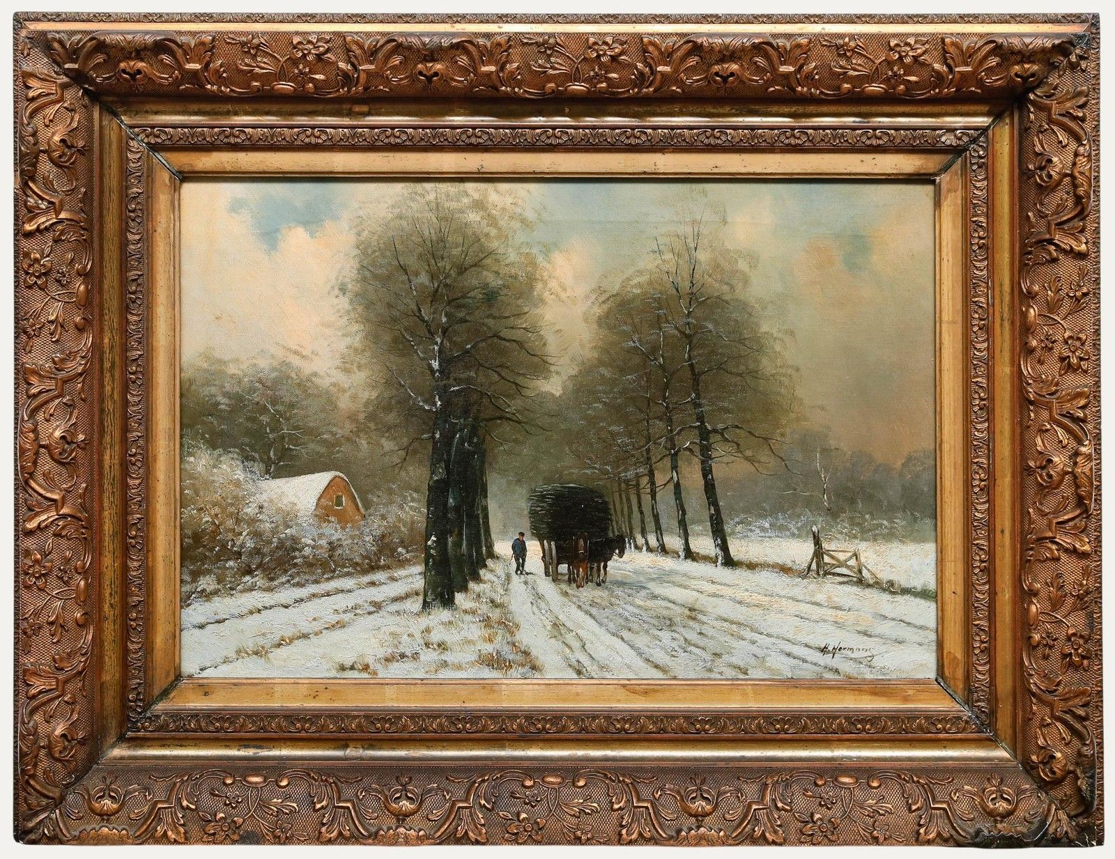 H. Hermans Early 20th Century Oil, Working On A Winter's Day