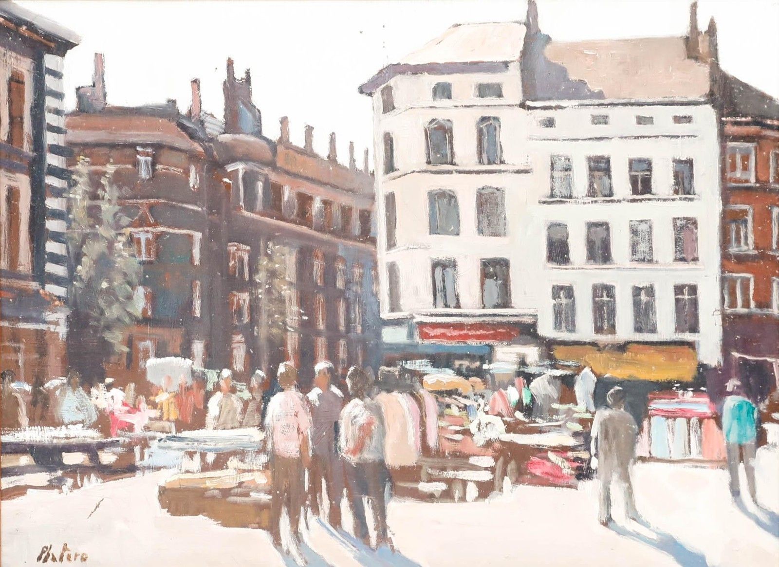 Mario Platero (1942 2002) Framed 20th Century Oil, Flea Market In Brussels photo furniture
