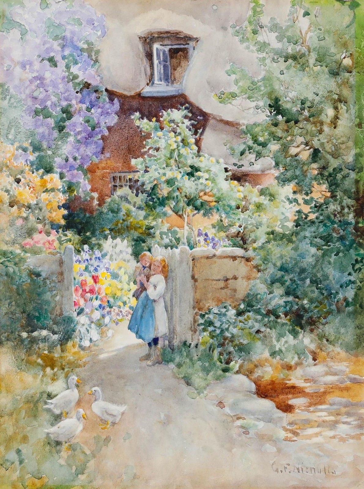 George F. Nicholls (1885 1937) Watercolour, Children By The Cottage Gate photo furniture