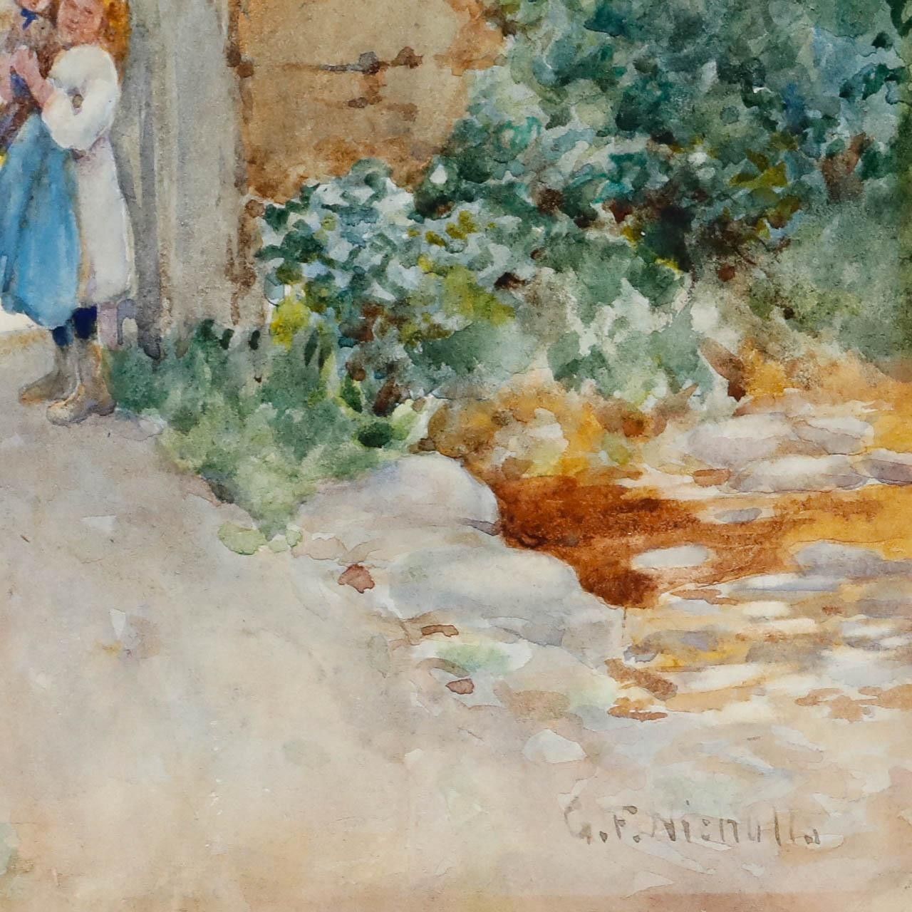 George F. Nicholls (1885 1937) Watercolour, Children By The Cottage Gate photo Art