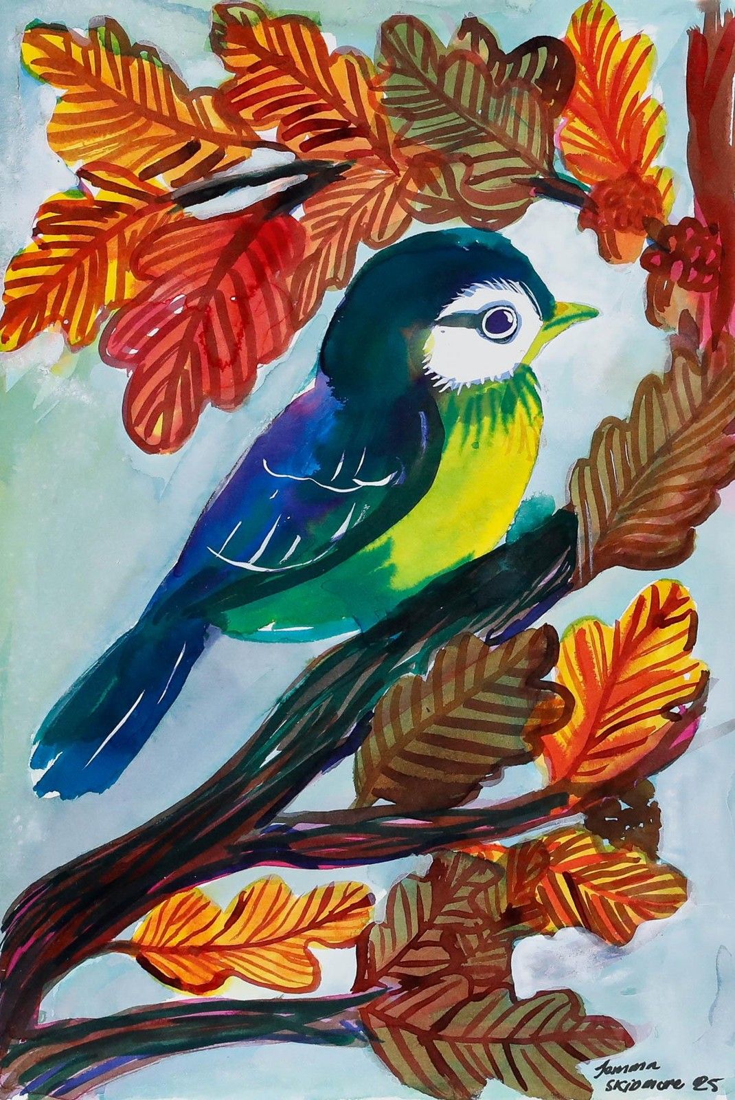 Jemma Jamie 2025 Watercolour, Blue Tit In Autumn Leaves photo furniture
