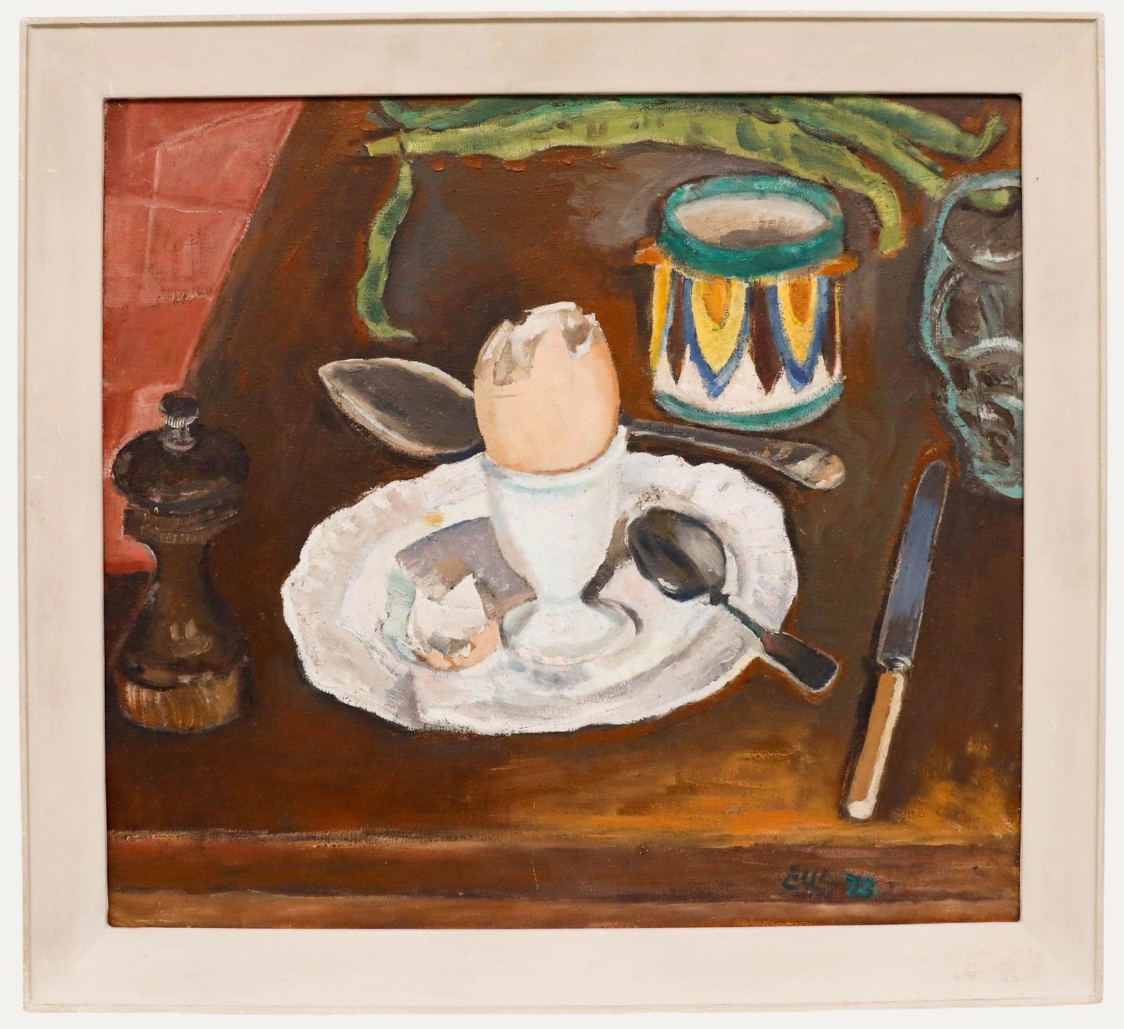 Edward Lewis (1936 2018) Framed 20th Century Oil, Boiled Egg & Runner Beans
