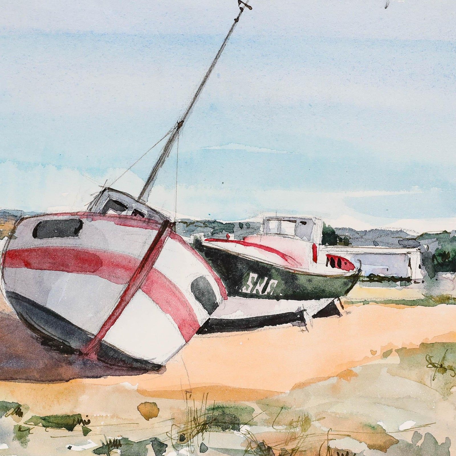 Pierre Neveu (B.1929) Contemporary Watercolour, Boats In Noumentier photo Art