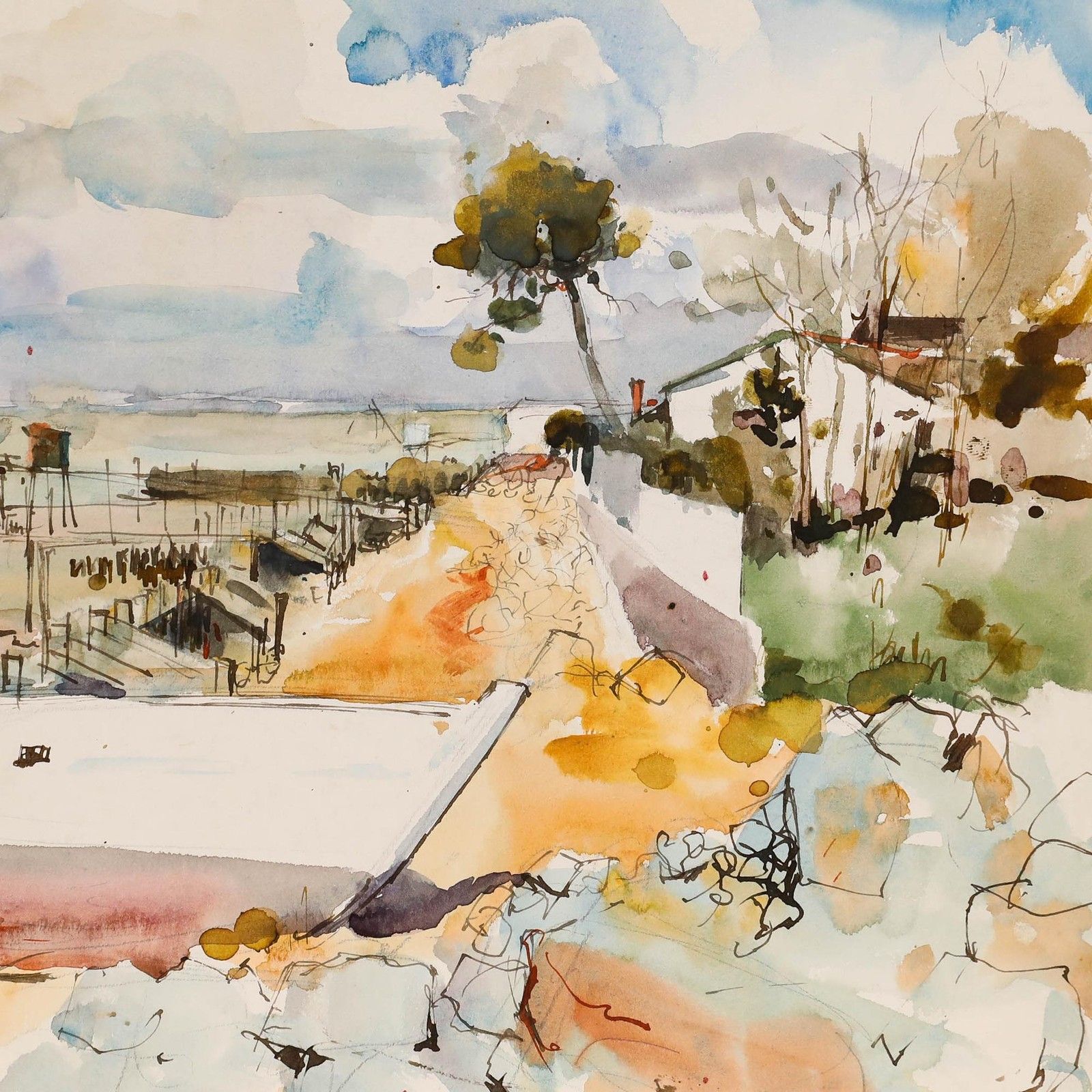 Pierre Neveu (B.1929) Contemporary Watercolour, By The Harbour photo for sale
