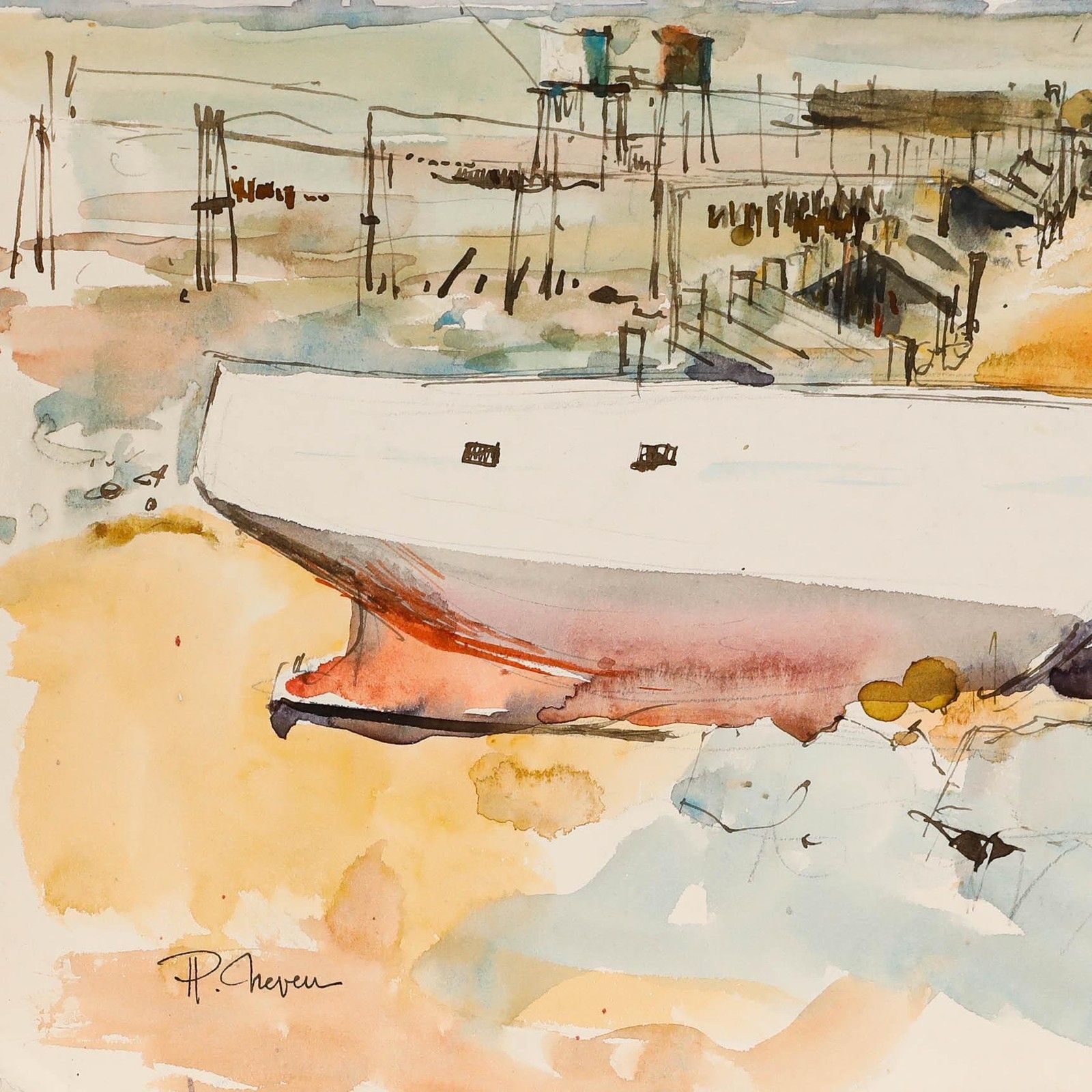 Pierre Neveu (B.1929) Contemporary Watercolour, By The Harbour photo Art