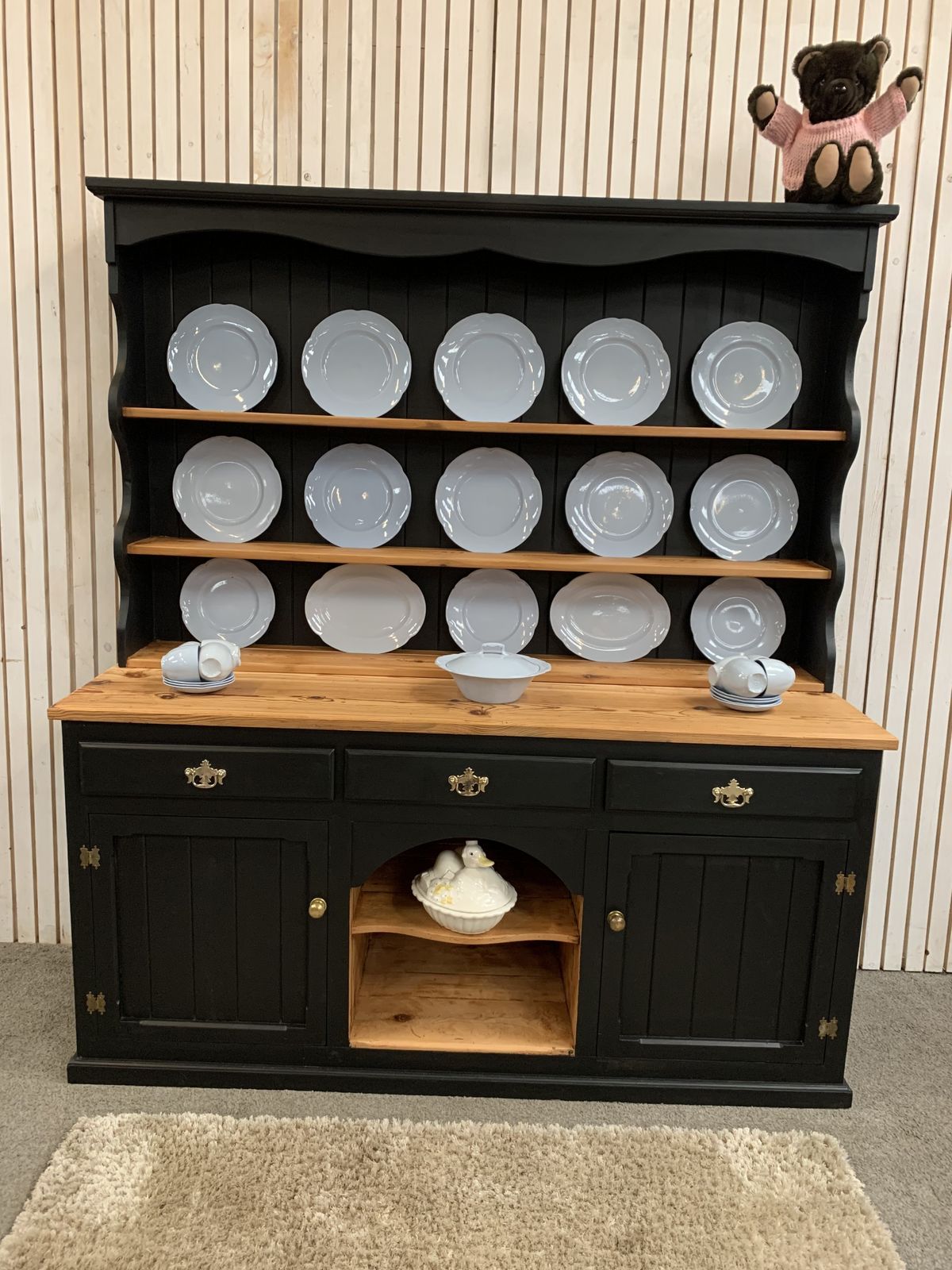Painted Black Upcycled Pine Country Farmhouse Large 2 Door  Welsh Dresser. photo Furniture