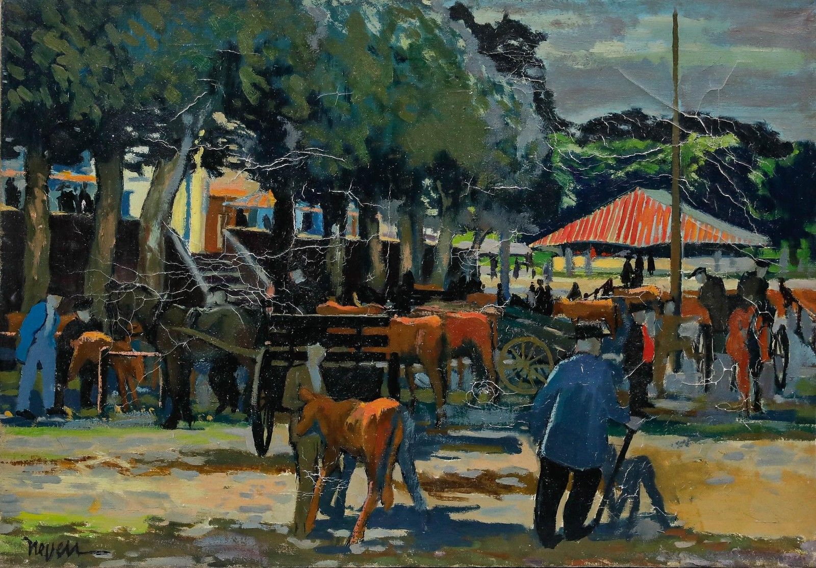 Pierre Neveu (B.1929) 20th Century Oil, Cattle Market photo furniture