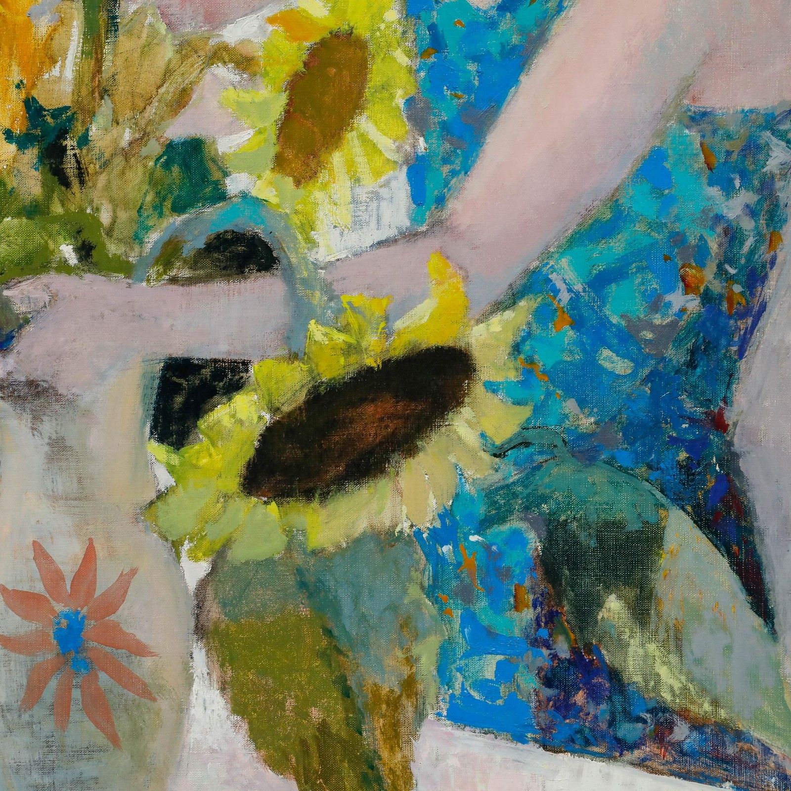 Pierre Neveu (B.1929) Contemporary Oil, The Lady & Sunflowers photo Art