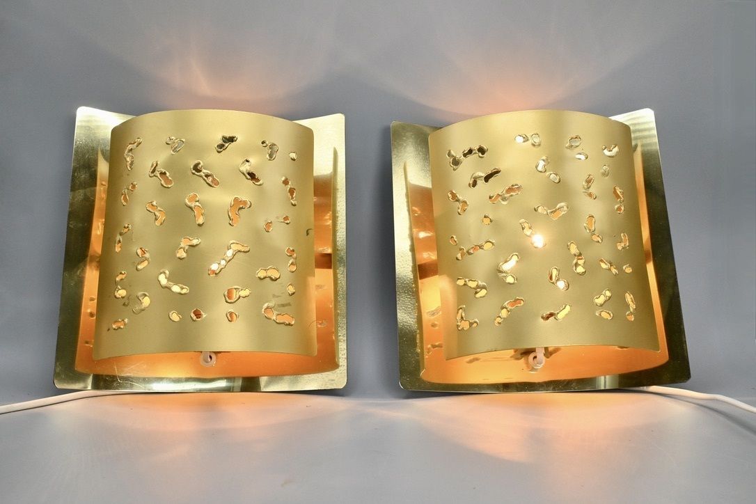 Pair Of Matching Perforated Brutalist Brass Wall Lamps Made By Borens Sweden, 1970s photo vinterior