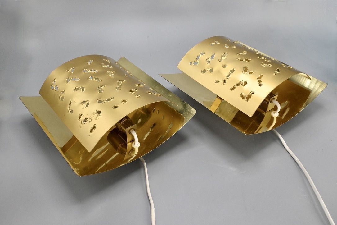 photo furniture Pair Of Matching Perforated Brutalist Brass Wall Lamps Made By Borens Sweden, 1970s