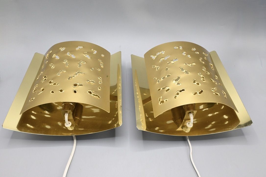 Pair Of Matching Perforated Brutalist Brass Wall Lamps Made By Borens Sweden, 1970s photo Lighting
