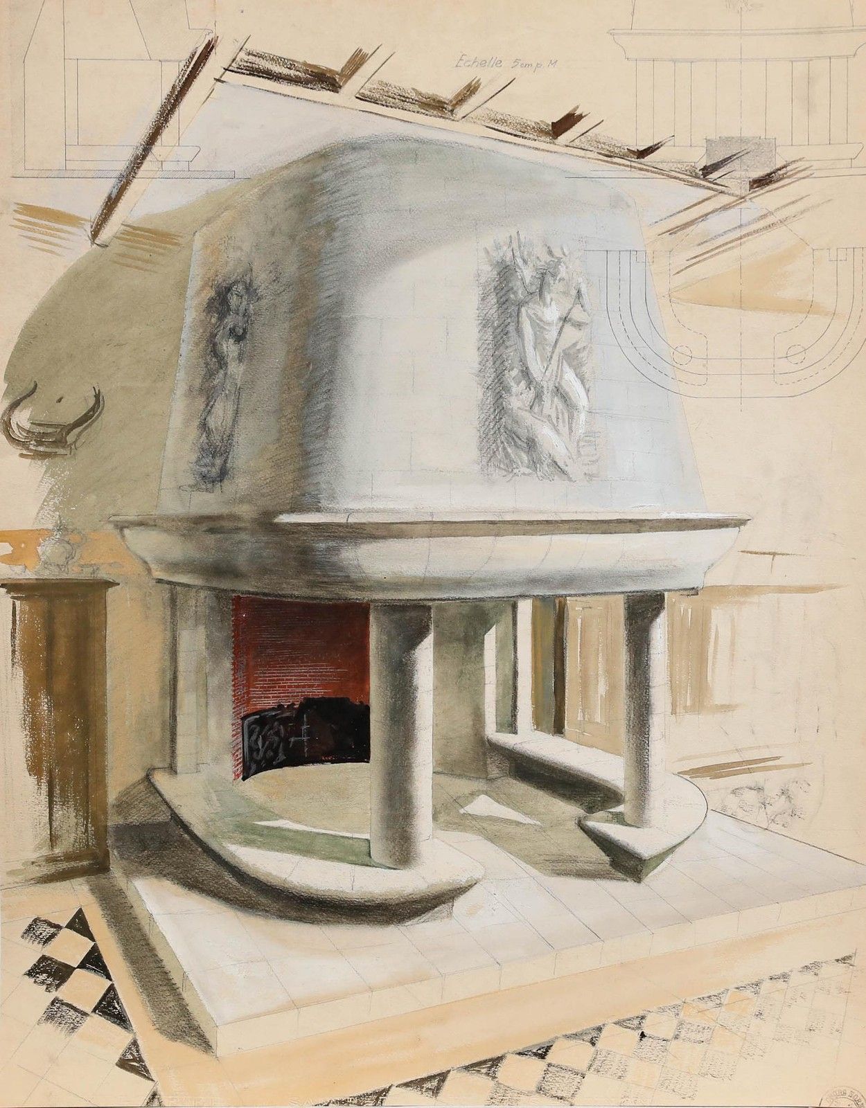 Pierre Neveu (B.1929) Mid 20th Century Gouache, Echelle photo furniture