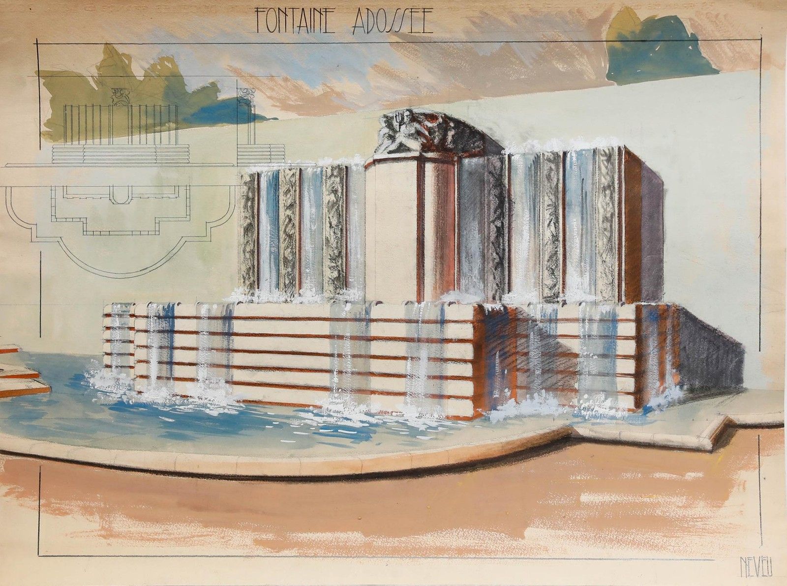 Pierre Neveu (B.1929) Mid 20th Century Gouache, The Fountain photo furniture