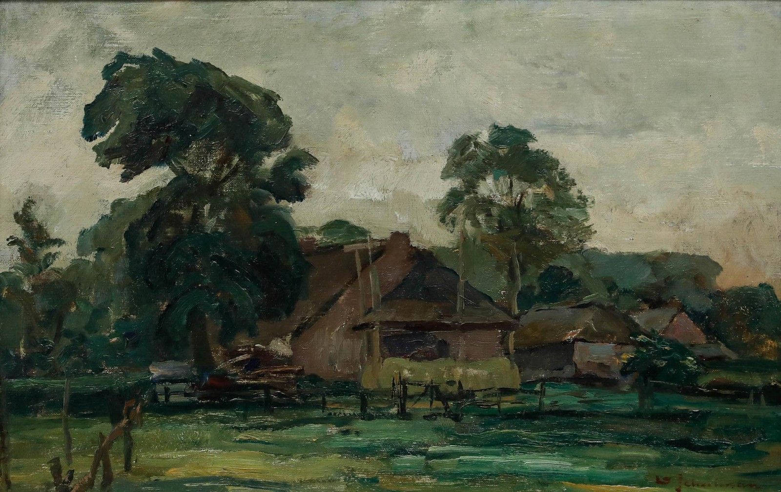 David Schulman (1881 1966)  Early 20th Century Oil, Farm Near Blaricum photo furniture