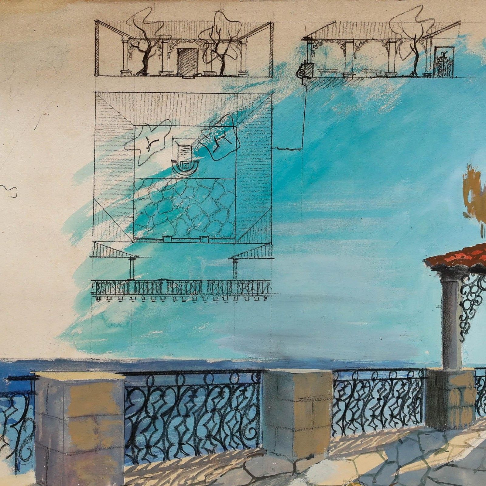 Pierre Neveu (B.1929) Mid 20th Century Gouache, Rooftop Terrace photo Art
