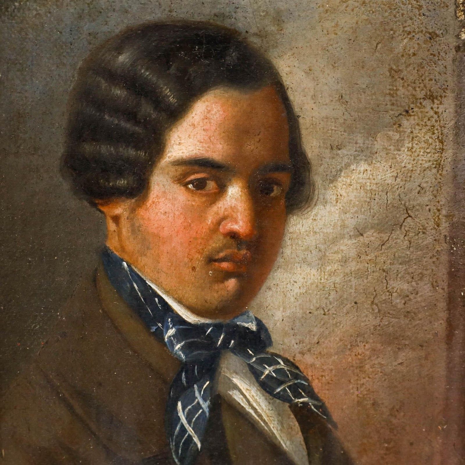 French School 19th Century Oil Man In A Chequered Neckerchief photo Art