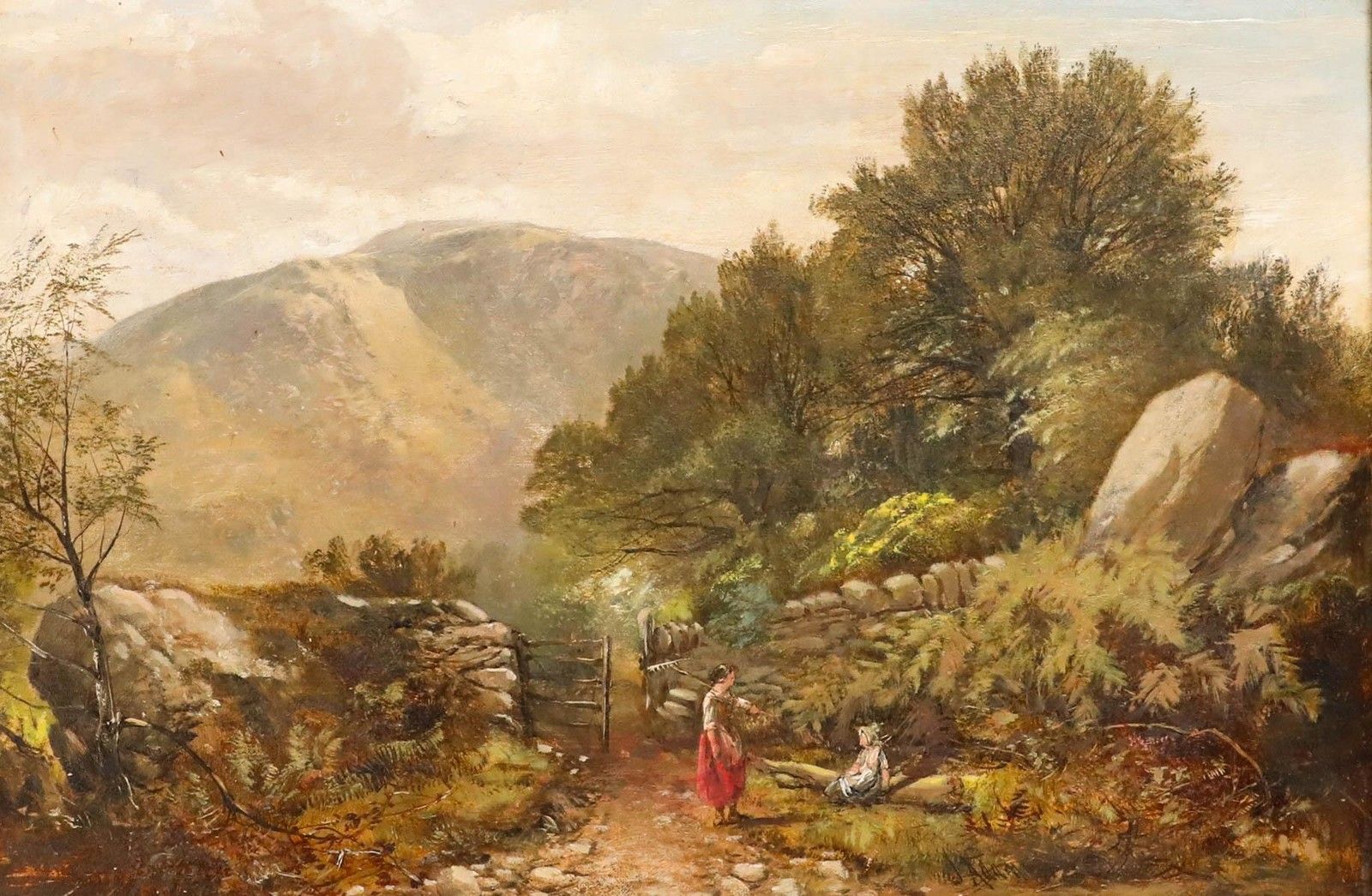 Framed Late 19th Century Oil Conversing In The Countryside photo furniture