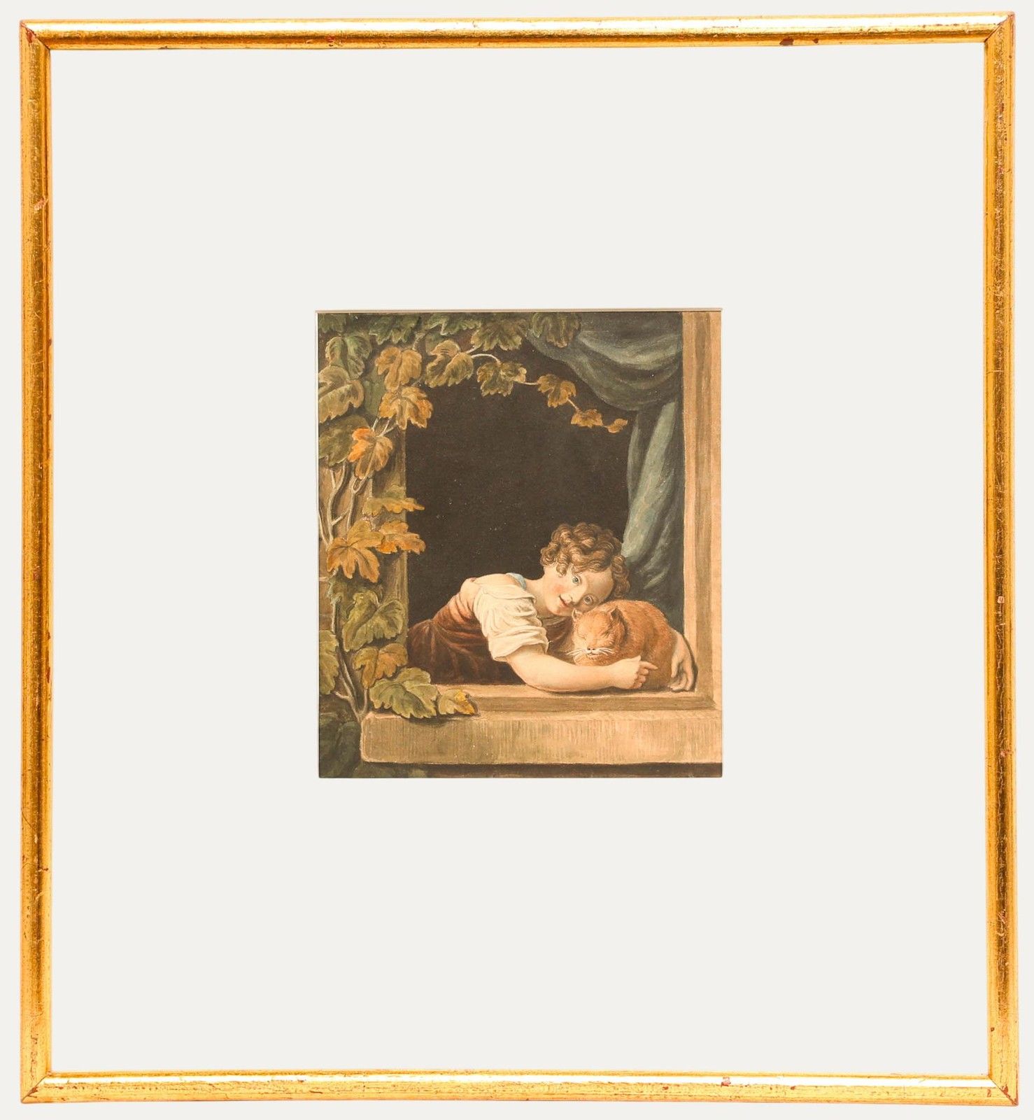 Early 19th Century Watercolour Little Girl With Orange Cat
