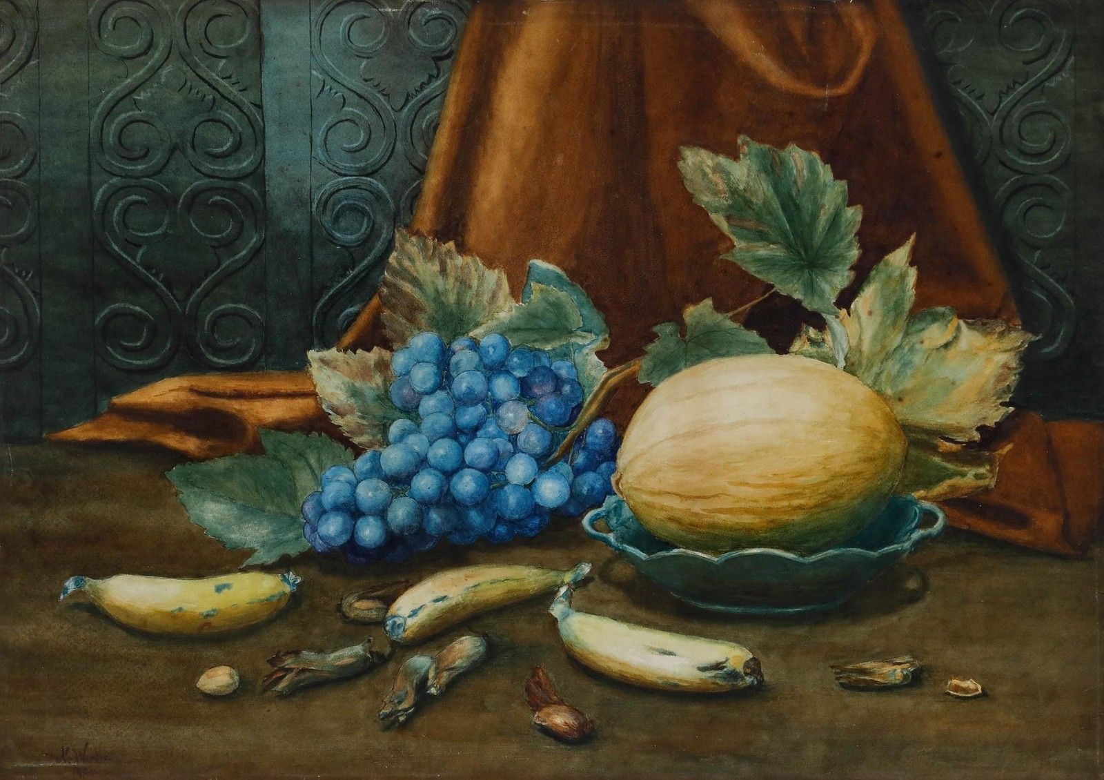 N. Winter 1900 Watercolour, Grapes And Melon photo furniture