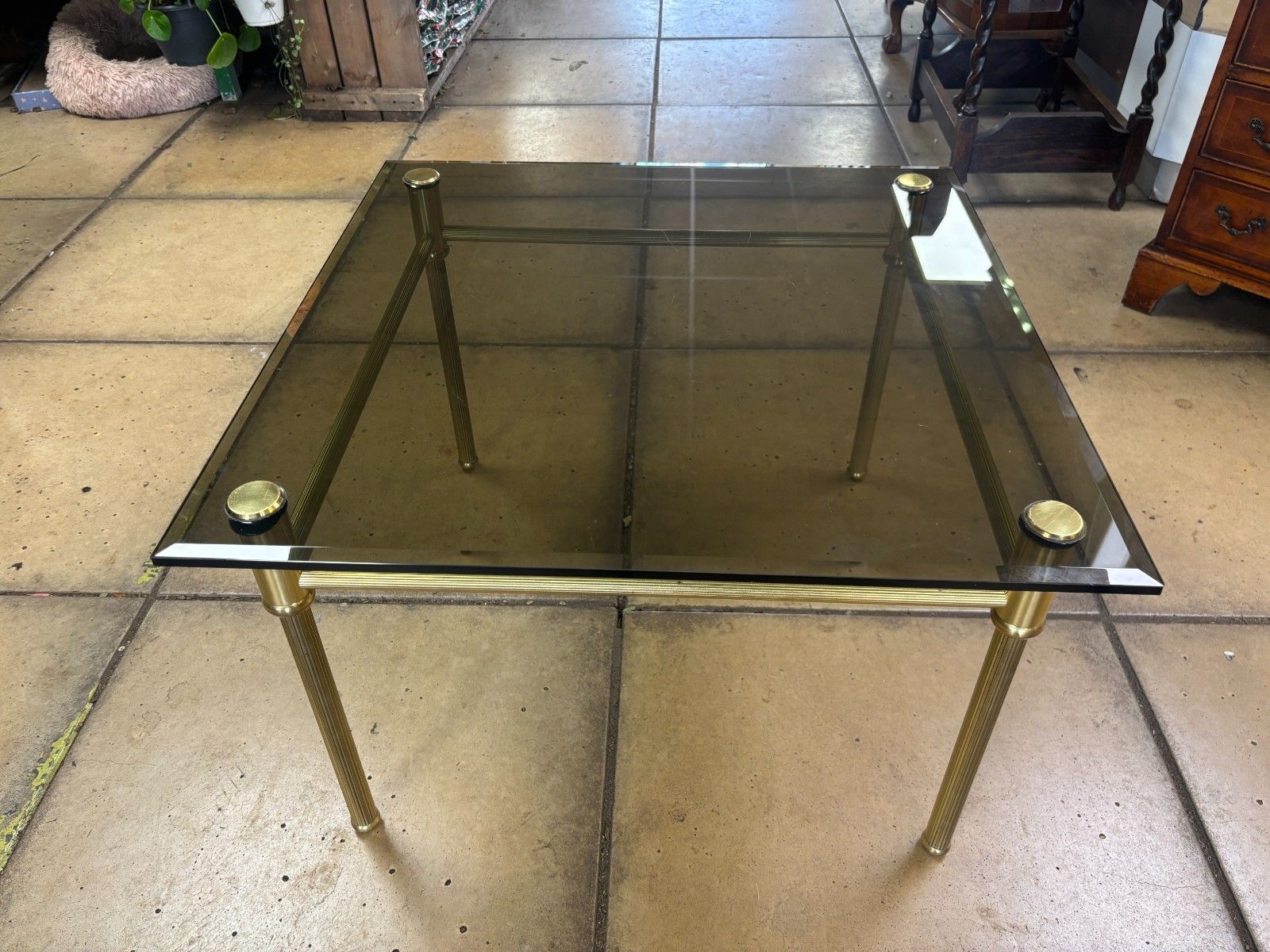 Retro/ Mid Century Gold Metal & Smoked Glass Square Coffee Table photo for sale