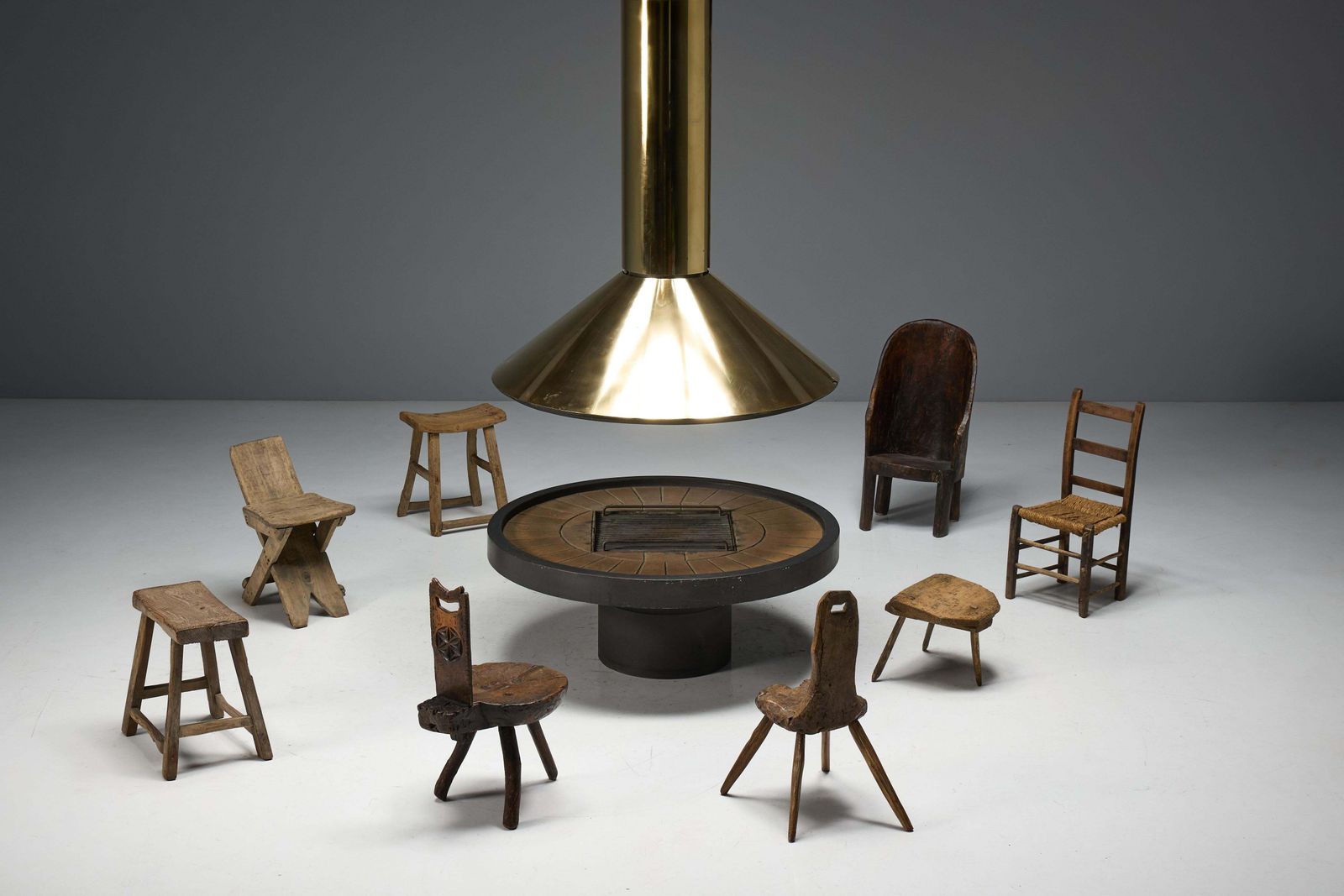 photo furniture Mid Century Freestanding Brass Fireplace, France, 1975