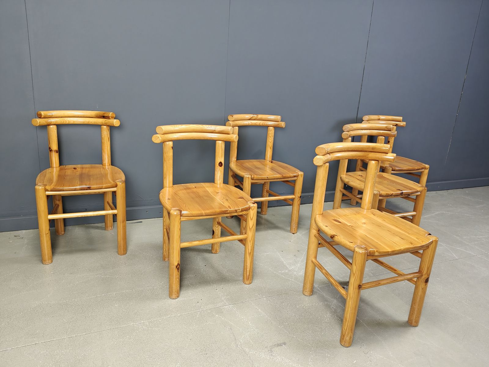 photo for sale Vintage Pine Wood Dining Chairs   1980s   Set Of 6