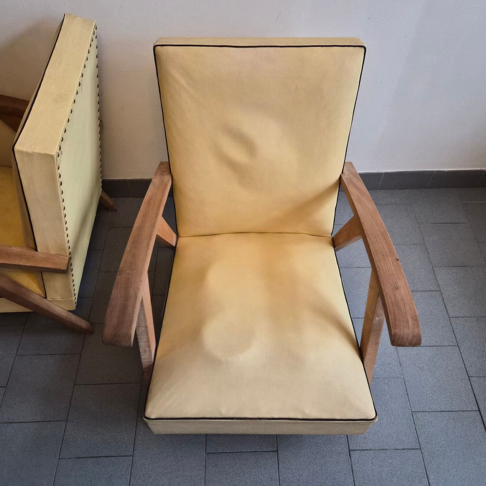 Pair Of Vintage 1950 Feet Compass Hetre & Skai Armchairs Yellow 50s Rockabilly photo 456.0