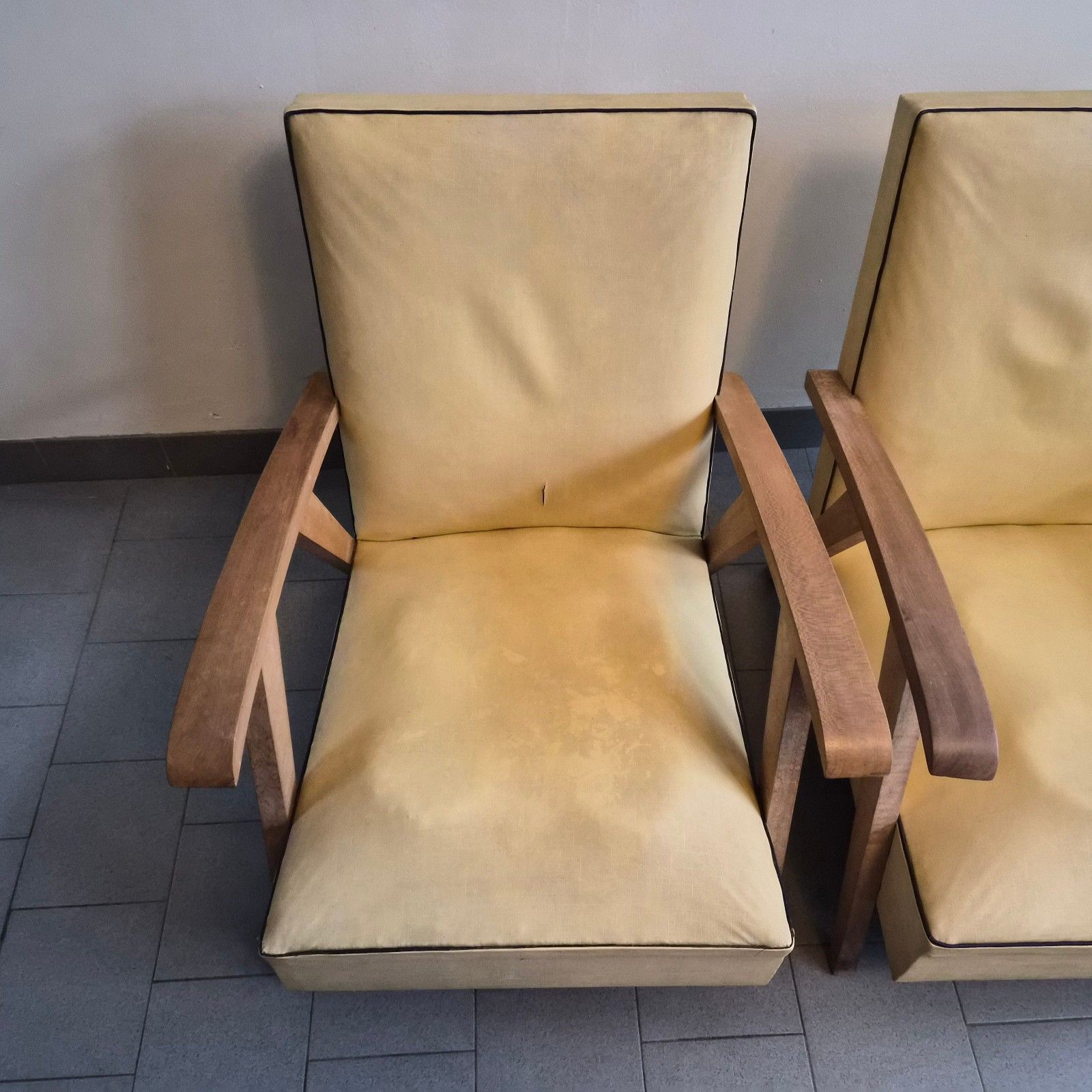 Paar Vintage Jaren 1950 Kompaspoot Hetre & Skai Fauteuils Geel 50s Rockabilly photo vinterior