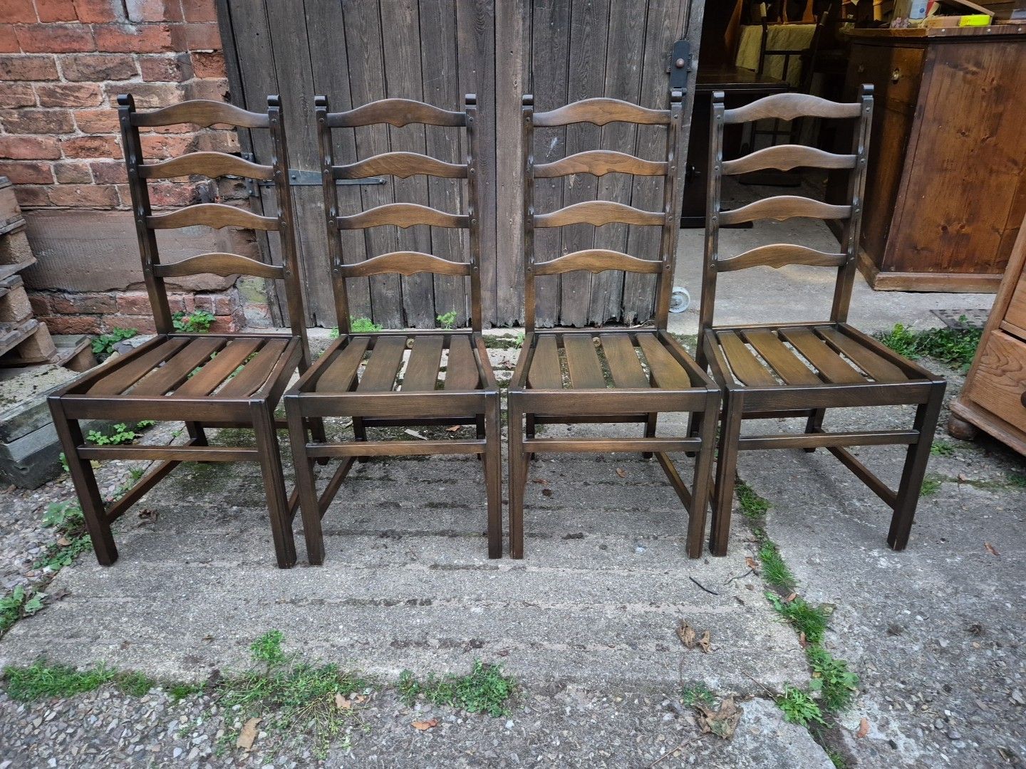 Set Of 4 1970s Ercol 715 Ladderback Dining Chairs Dark Finish, No Cushions.