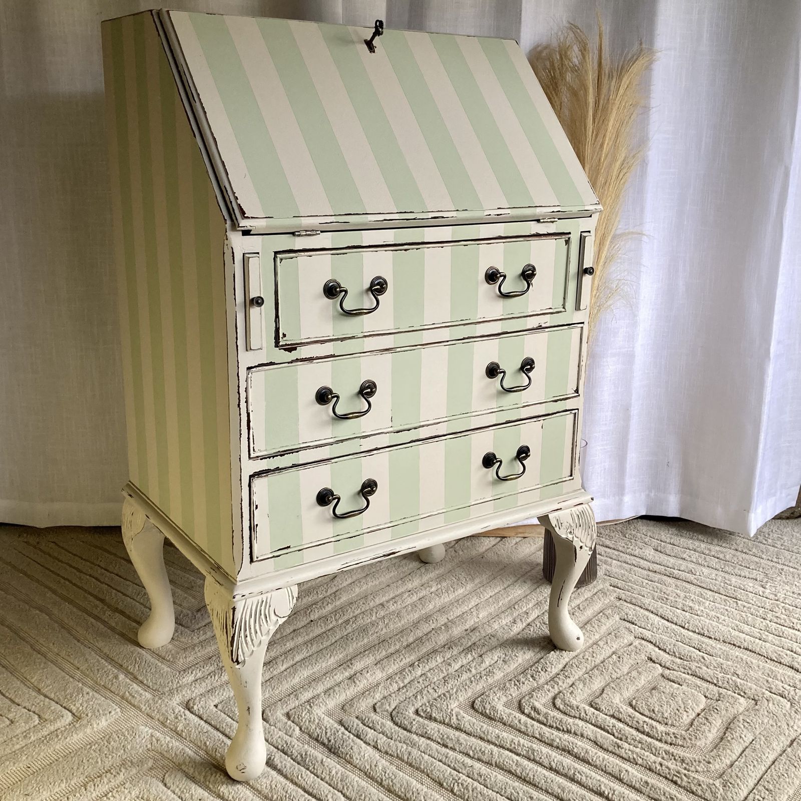 Vintage Bureau With Hand Painted Stripes In F&B Vert De Terre