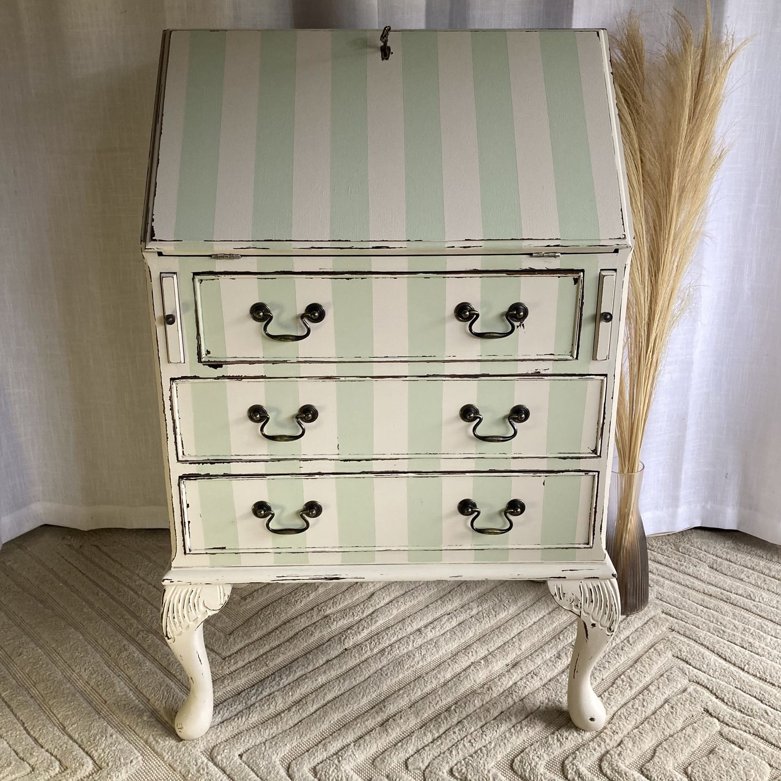 Vintage Bureau With Hand Painted Stripes In F&B Vert De Terre photo for sale