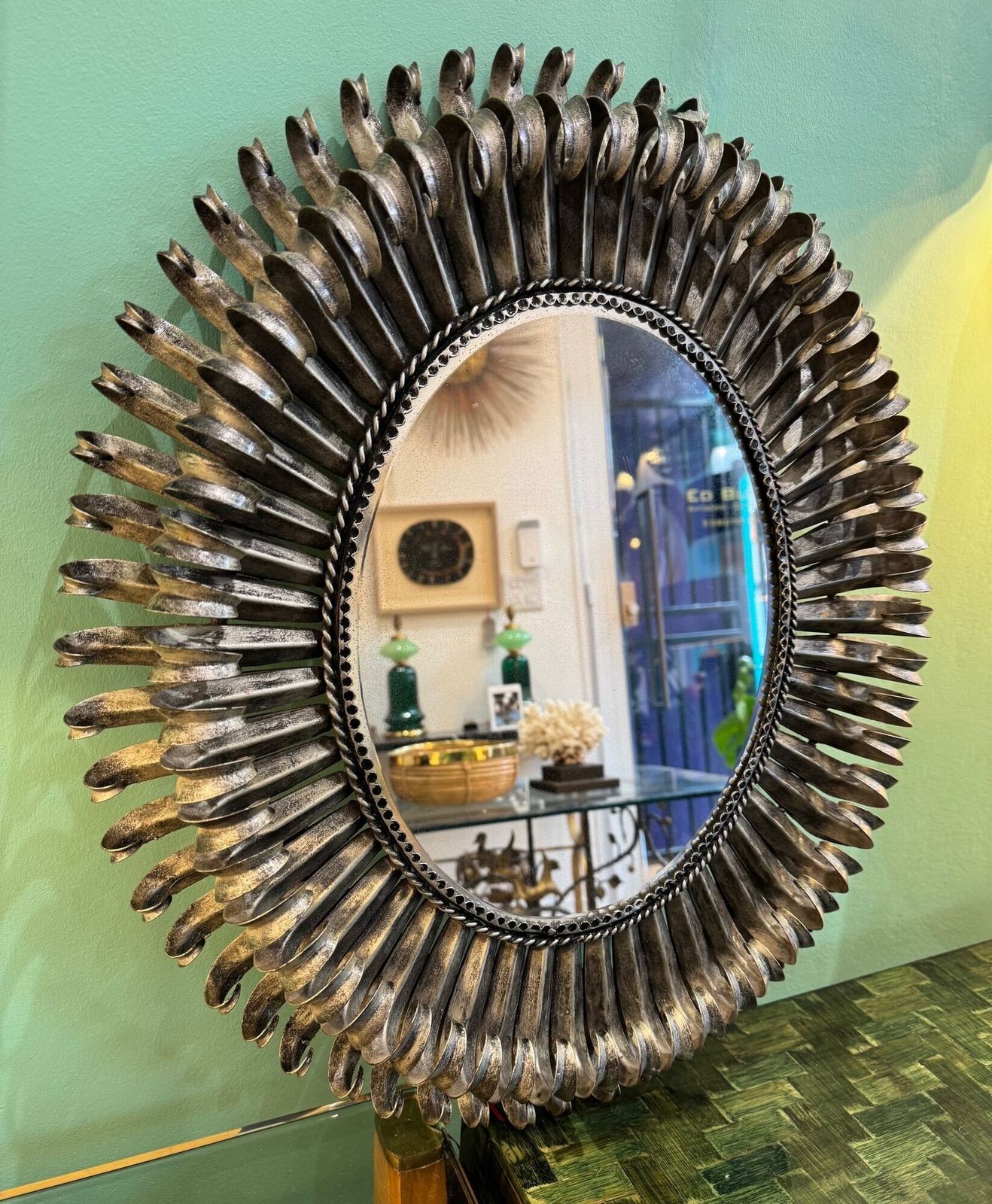 A Spanish 1960s Silvered Metal Oval Landscape Or Portrait Eyelash Mirror photo buy