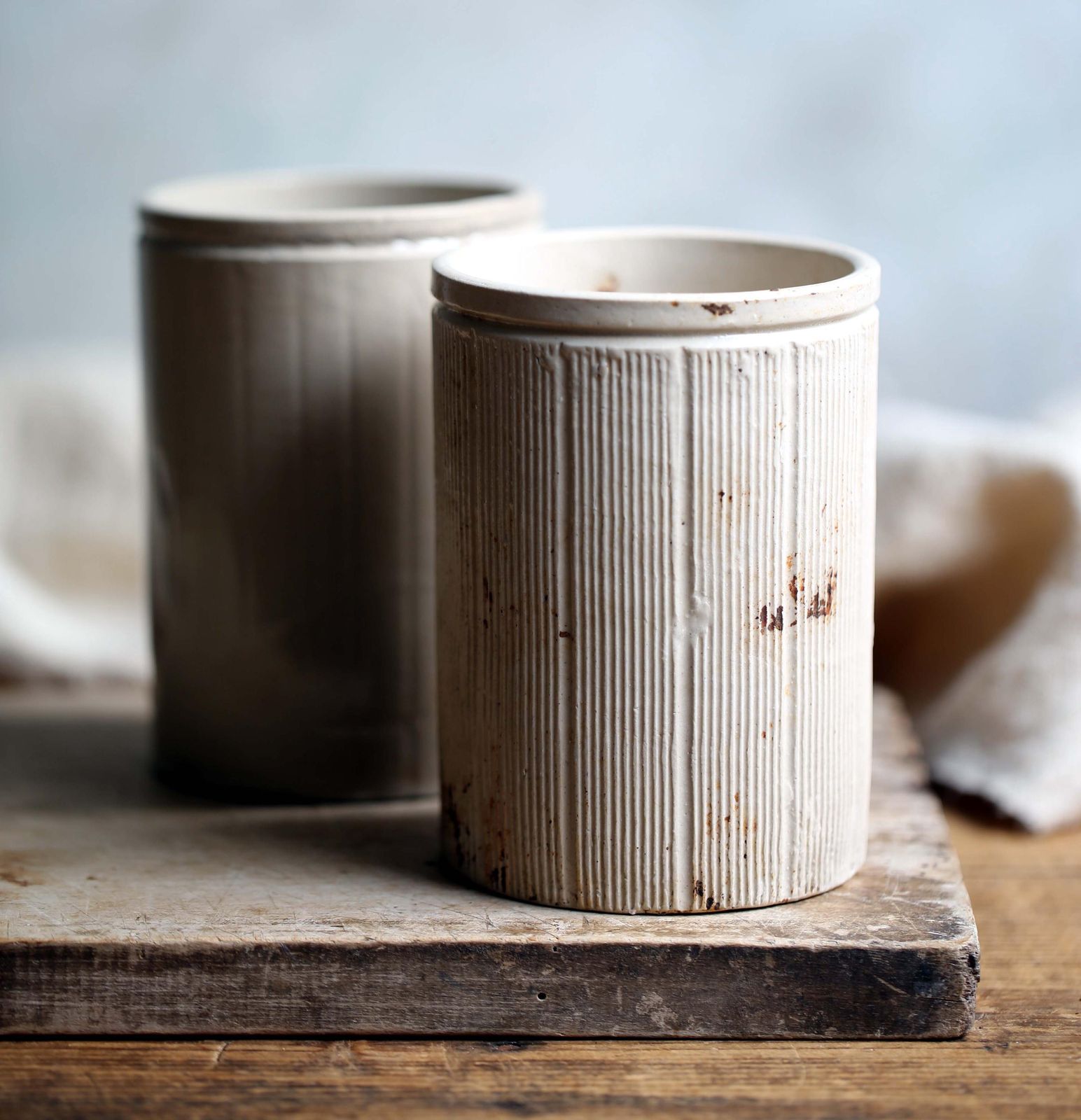 2 Antique Ceramic Jam Pots Tea Stained Ironstone photo for sale