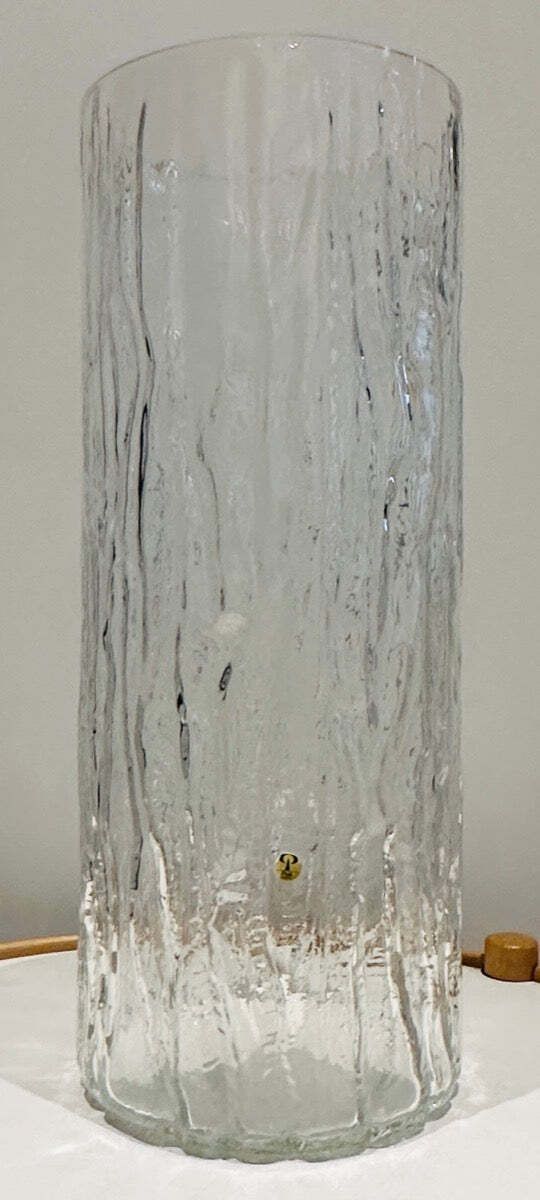 Large 1970s German Peill & Putzler "Bark Or Iced" Clear Glass Cylindrical Vase photo Home Decor