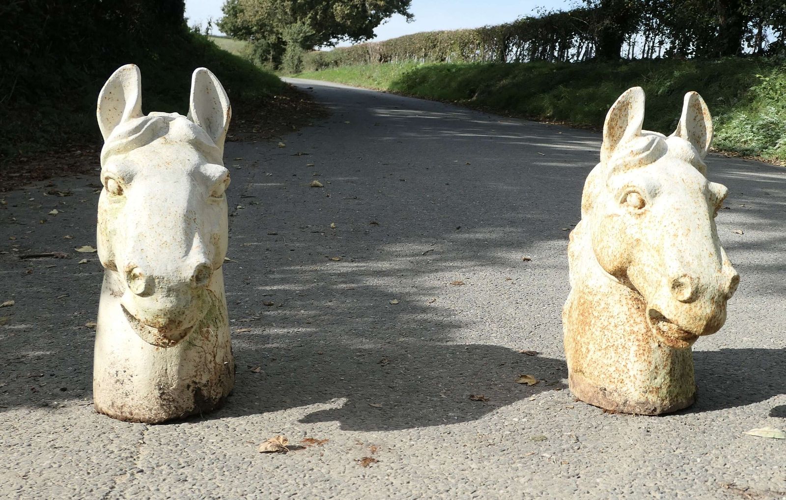 Pair Of Statuesque Cast Iron Horse Head Gate Post Finials photo vinterior