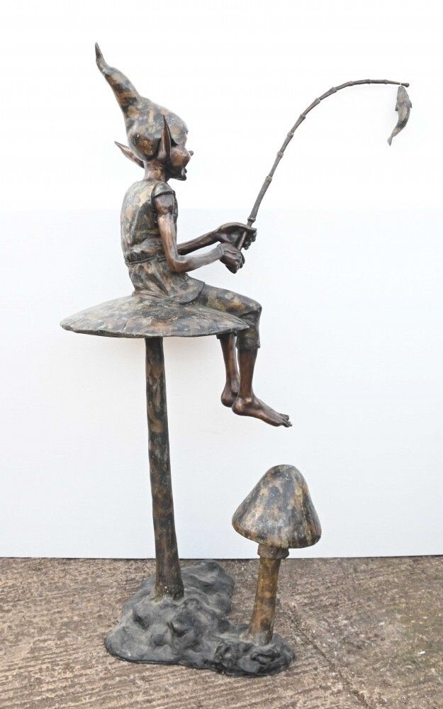 photo for sale Bronze Fairey Fishing Statue Elph Goblin Mushroom Casting
