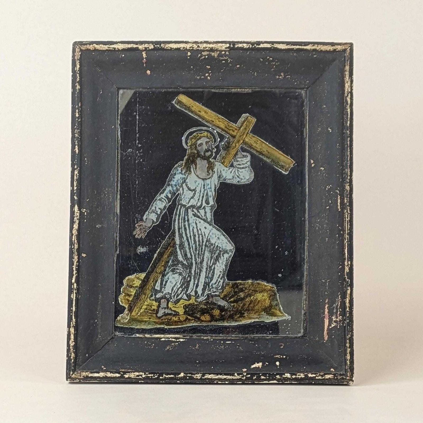 Antique French Folk Art Religious Jesus Reverse Painted Decalcomania Curio Mirror Framed Oddity