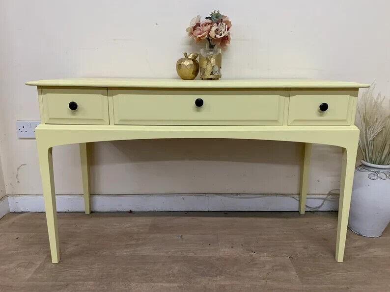 Painted Stag Minstrel Console Table In New England Yellow – Upcycled Vintage Sideboard, Hall Table, Entryway Furniture photo furniture