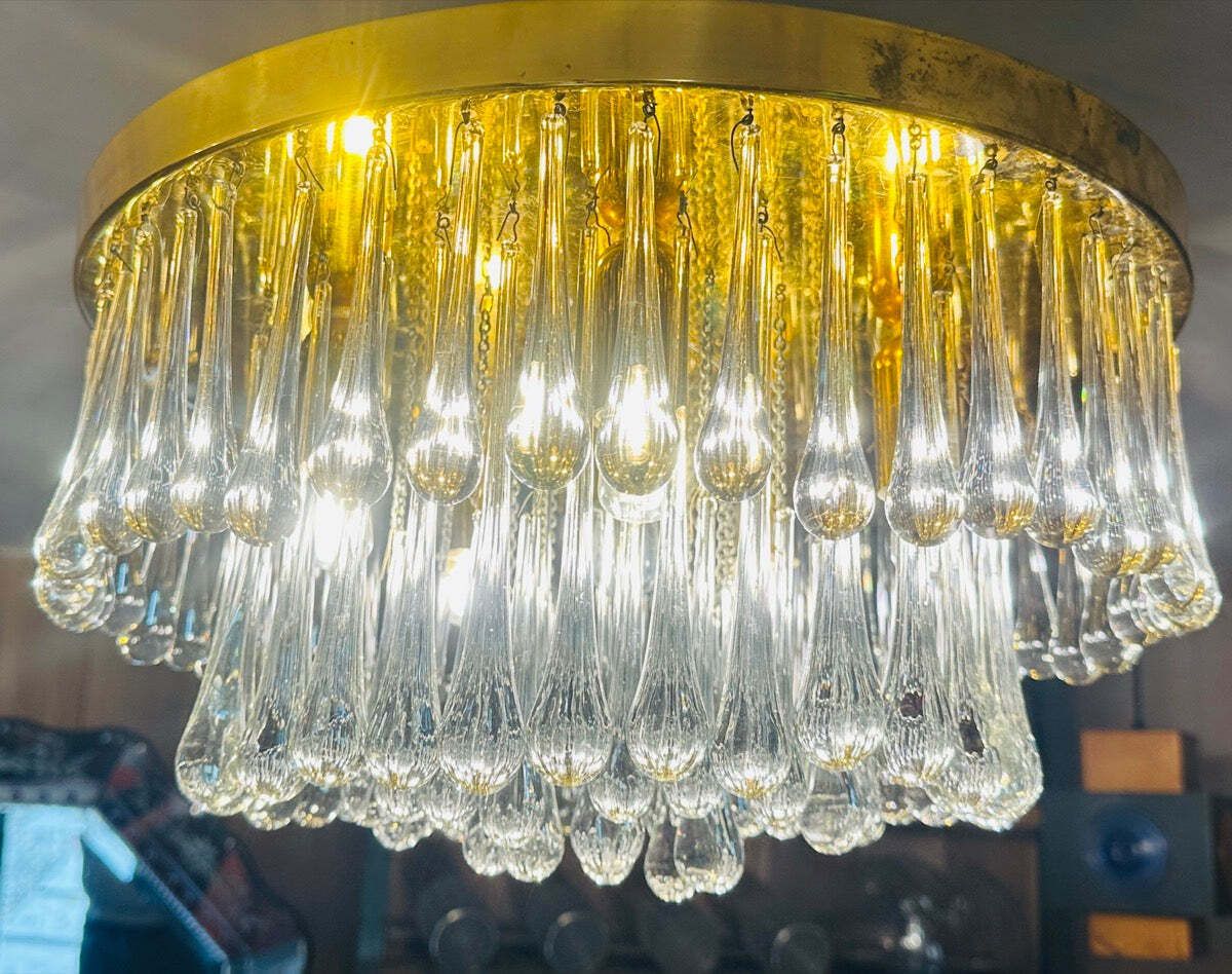1970s German Murano Clear Glass 110 Tear Drop Circular Flush Mount Ceiling Light By Christoph Palme photo Lighting