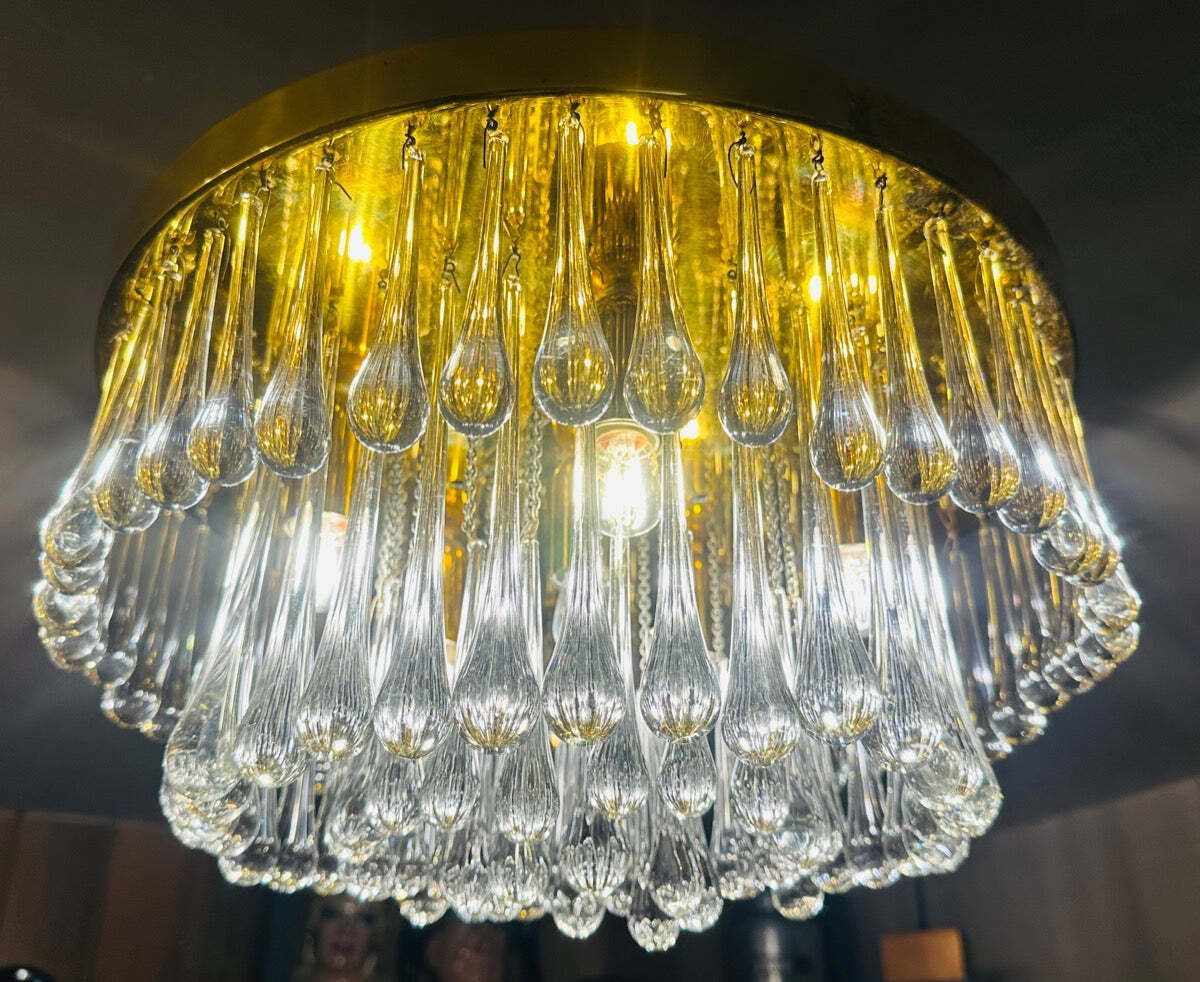 1970s German Murano Clear Glass 110 Tear Drop Circular Flush Mount Ceiling Light By Christoph Palme photo 975.0