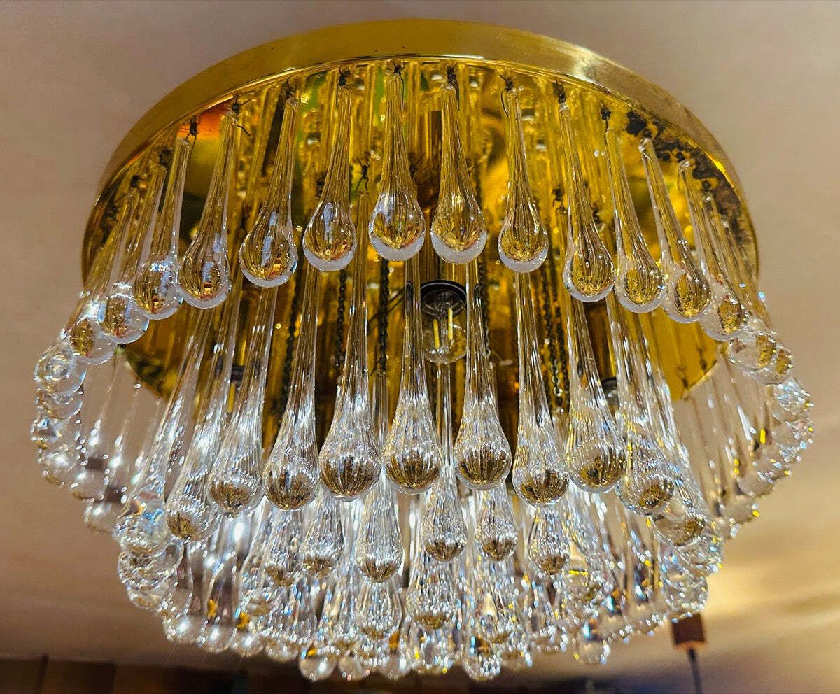 photo vinterior 1970s German Murano Clear Glass 110 Tear Drop Circular Flush Mount Ceiling Light By Christoph Palme