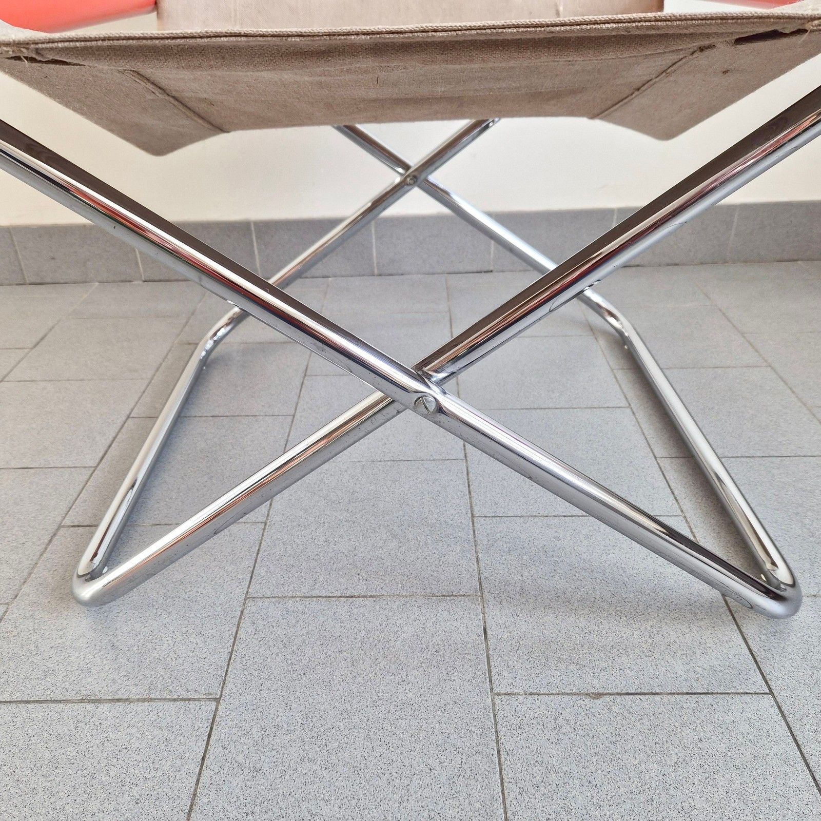 photo for sale Vintage 1970 Japanese Folding Armchair Chrome & Orange Steel And Burlap 70s