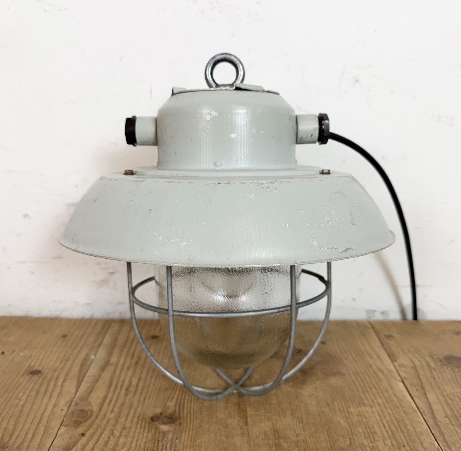 Grey Industrial Aluminium Cage Pendant Lamp With Frosted Glass, 1970s photo buy