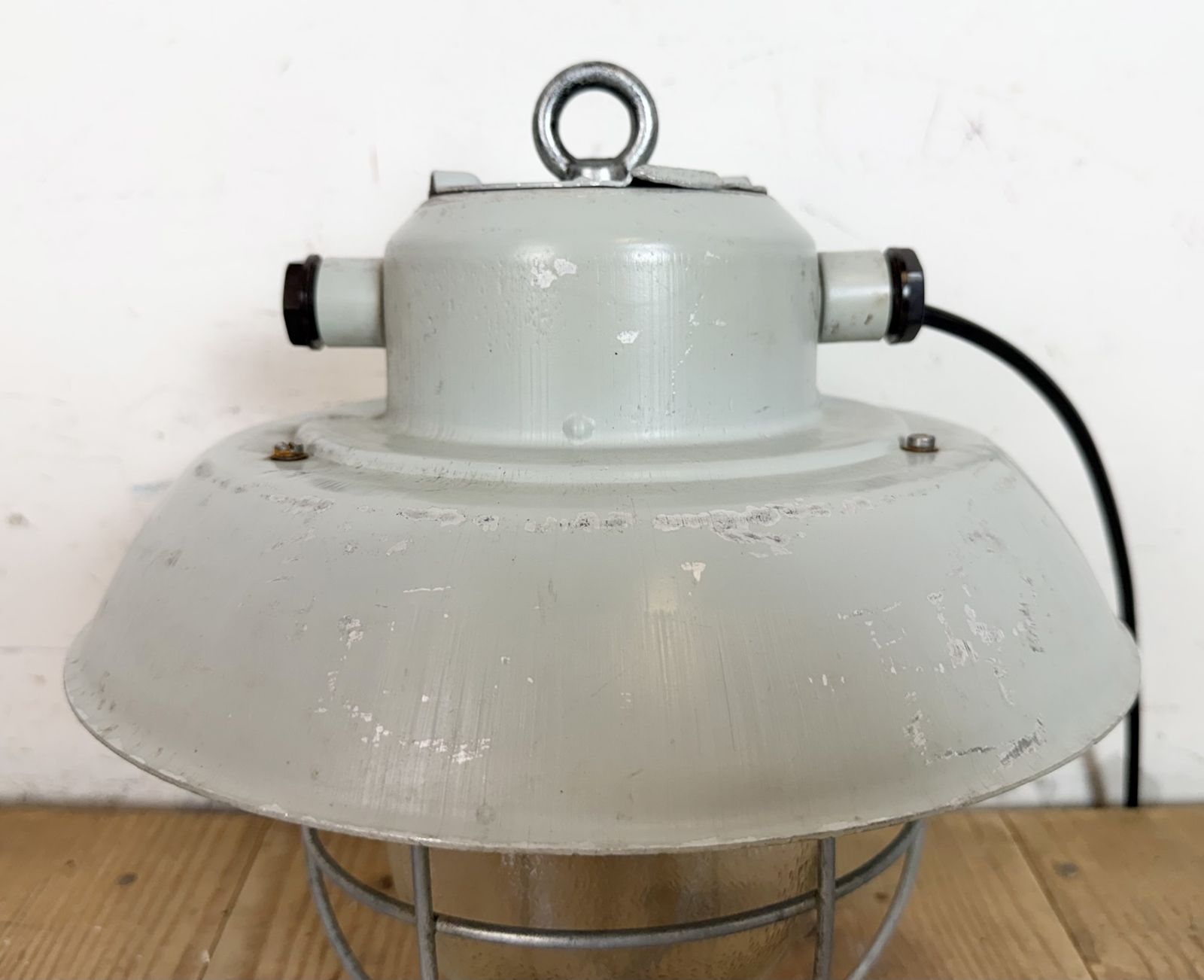 179.0 Grey Industrial Aluminium Cage Pendant Lamp With Frosted Glass, 1970s photo