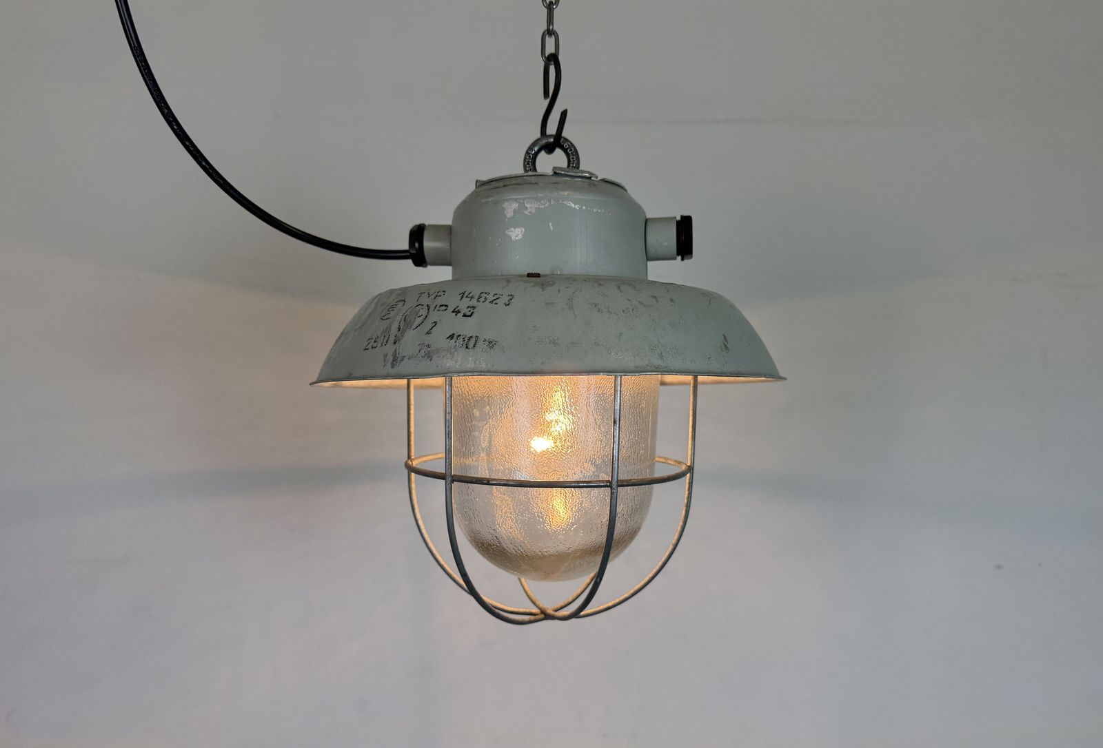 photo vintage Grey Industrial Aluminium Cage Pendant Lamp With Frosted Glass, 1970s