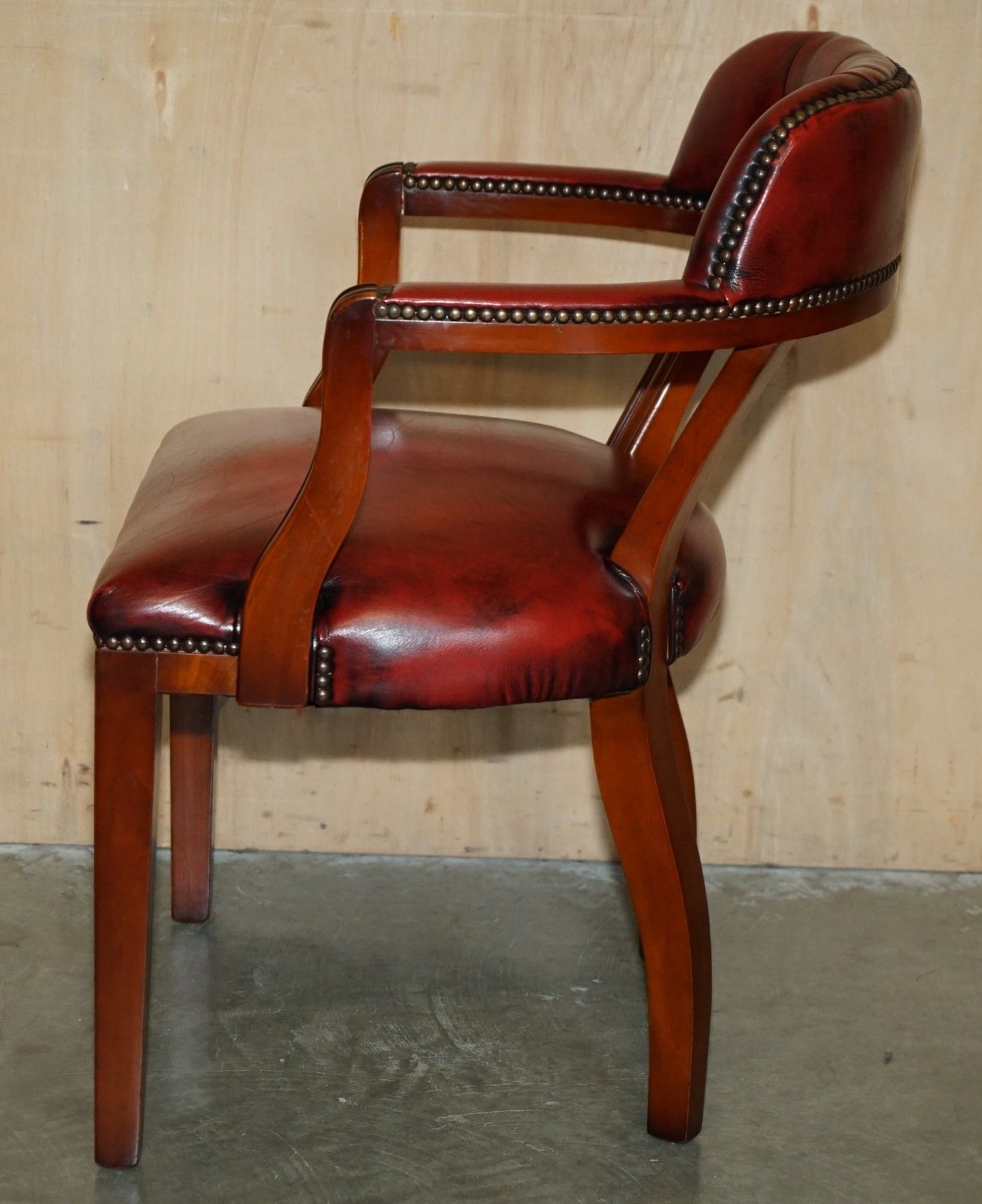 1950.0 Pair Oxblood Bordeaux Leather Chesterfield Court Captains Chairs Part Of Suite photo